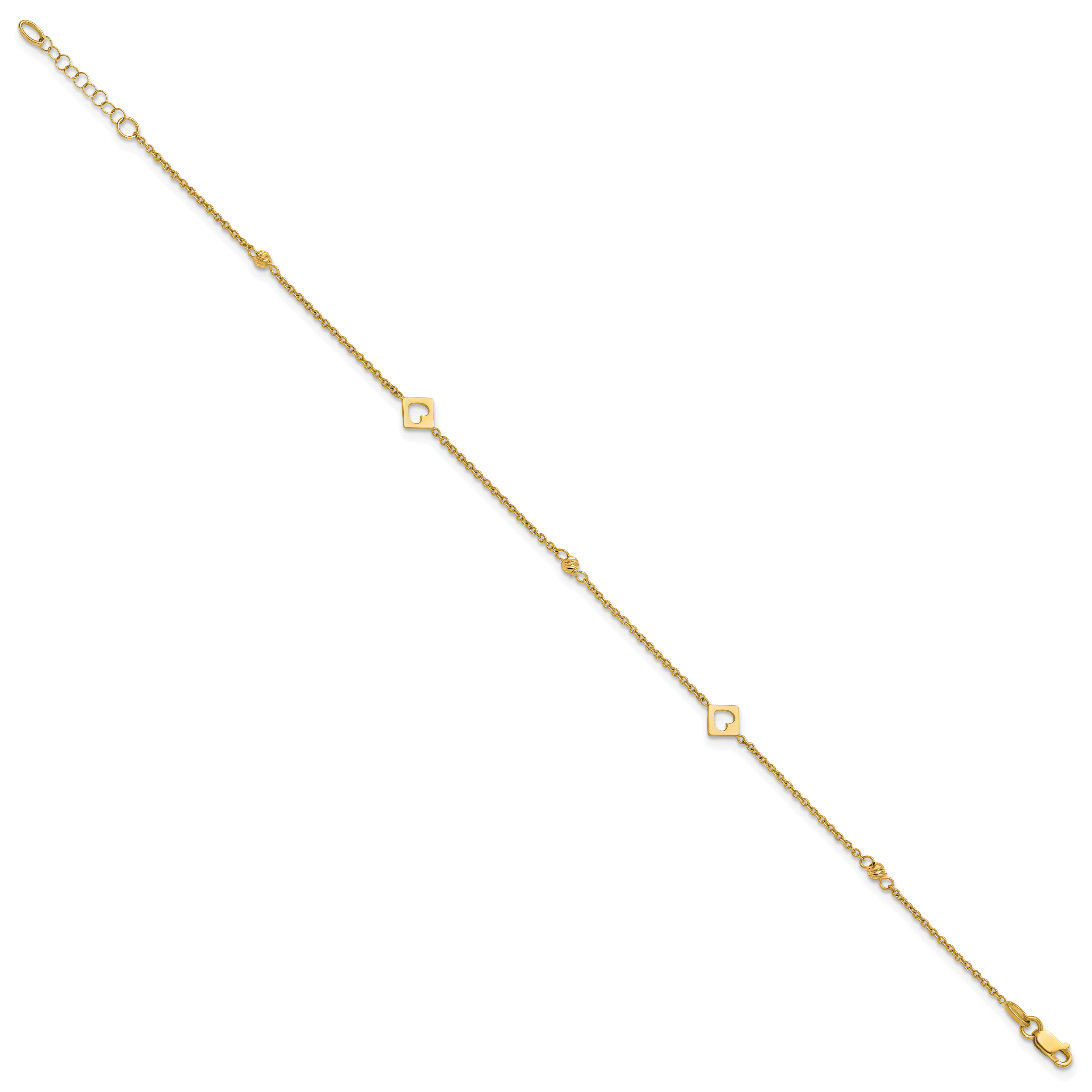 14k Polished Cut-out Hearts and Diamond-cut Beads 9 inch Plus 1 inch Extender - Total 10 inch Anklet - Sophia Jewelers