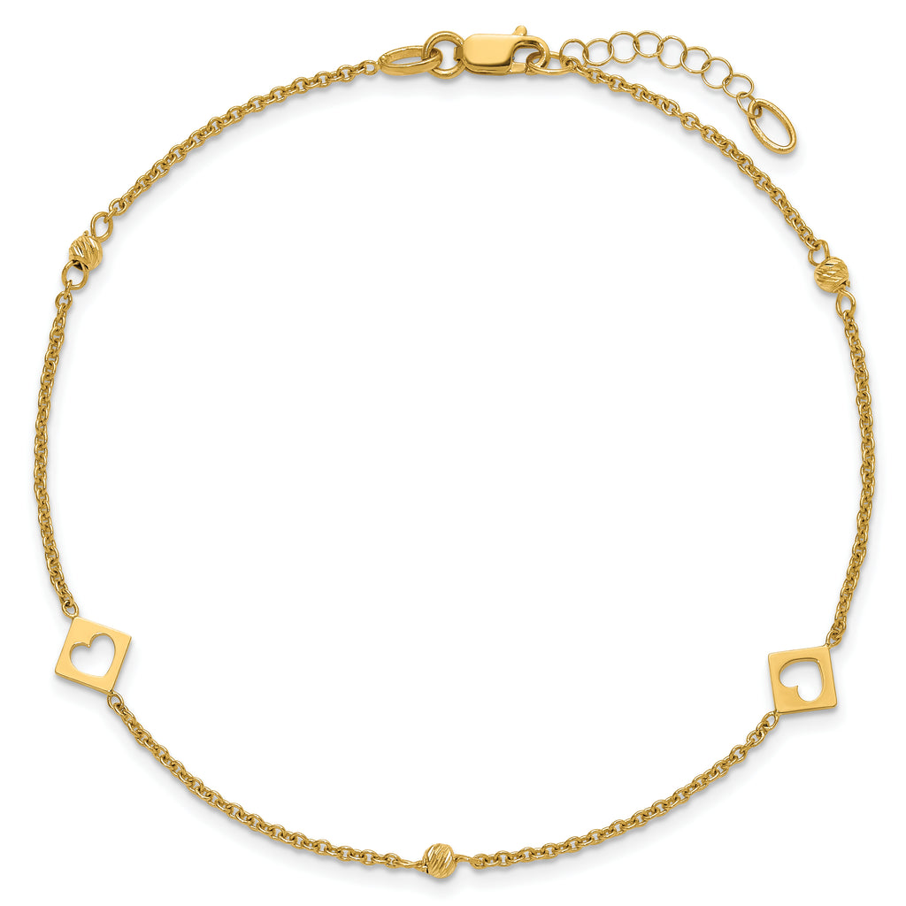 14k Polished Cut-out Hearts and Diamond-cut Beads 9 inch Plus 1 inch Extender - Total 10 inch Anklet - Sophia Jewelers