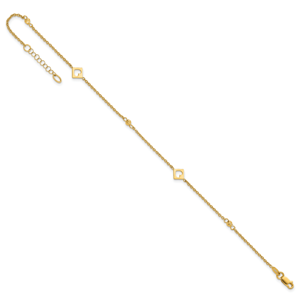 14k Polished Cut-out Hearts and Diamond-cut Beads 9 inch Plus 1 inch Extender - Total 10 inch Anklet - Sophia Jewelers