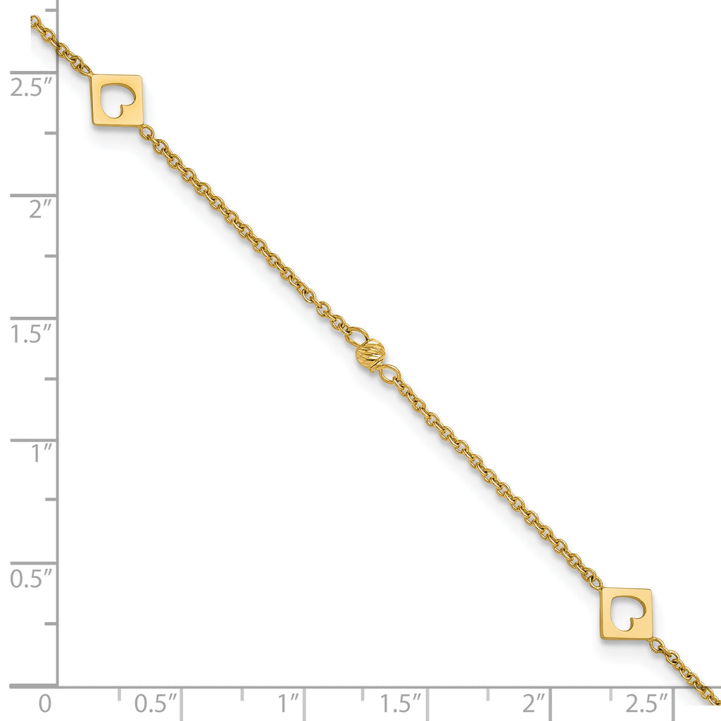 14k Polished Cut-out Hearts and Diamond-cut Beads 9 inch Plus 1 inch Extender - Total 10 inch Anklet - Sophia Jewelers