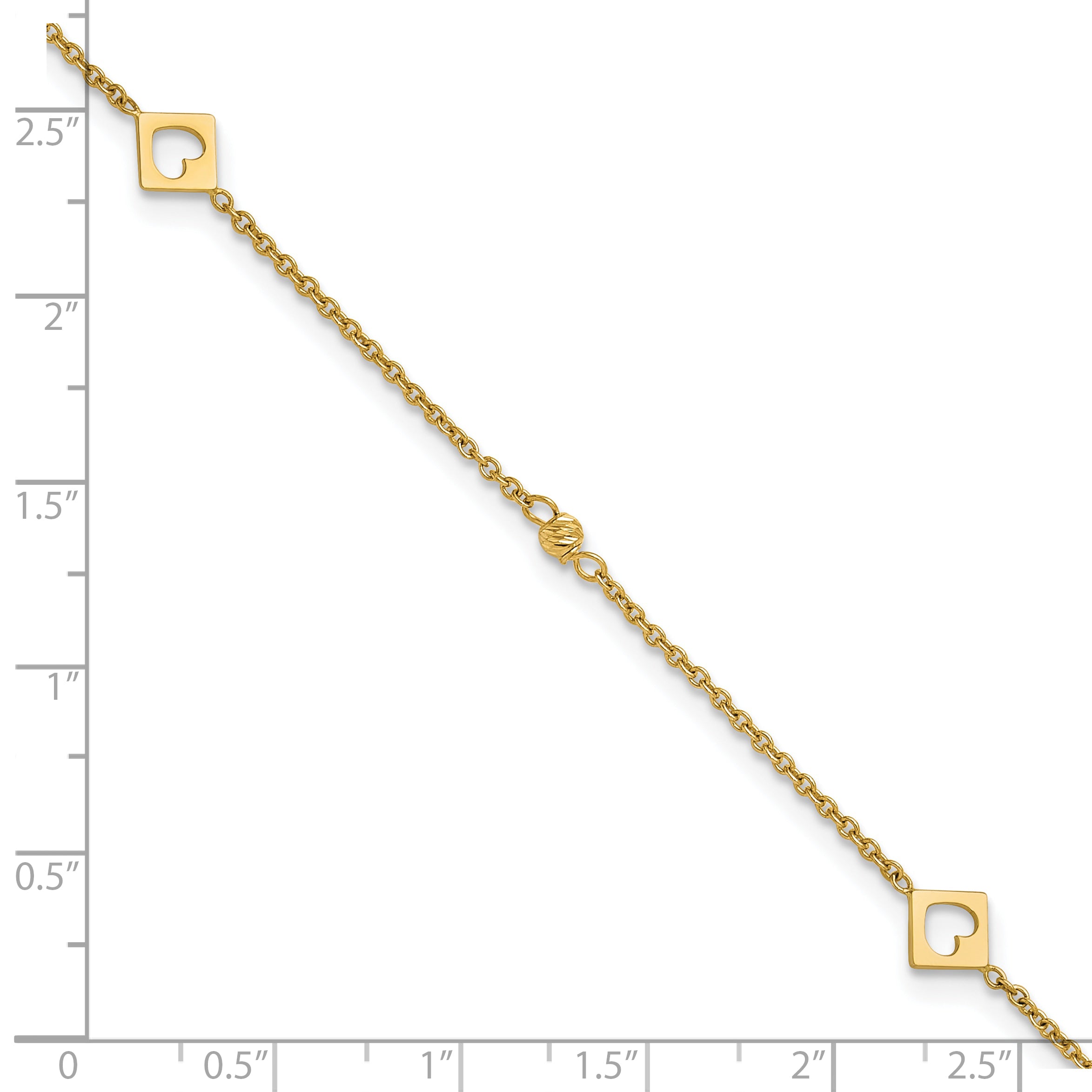 14k Polished Cut-out Hearts and Diamond-cut Beads 9 inch Plus 1 inch Extender - Total 10 inch Anklet - Sophia Jewelers