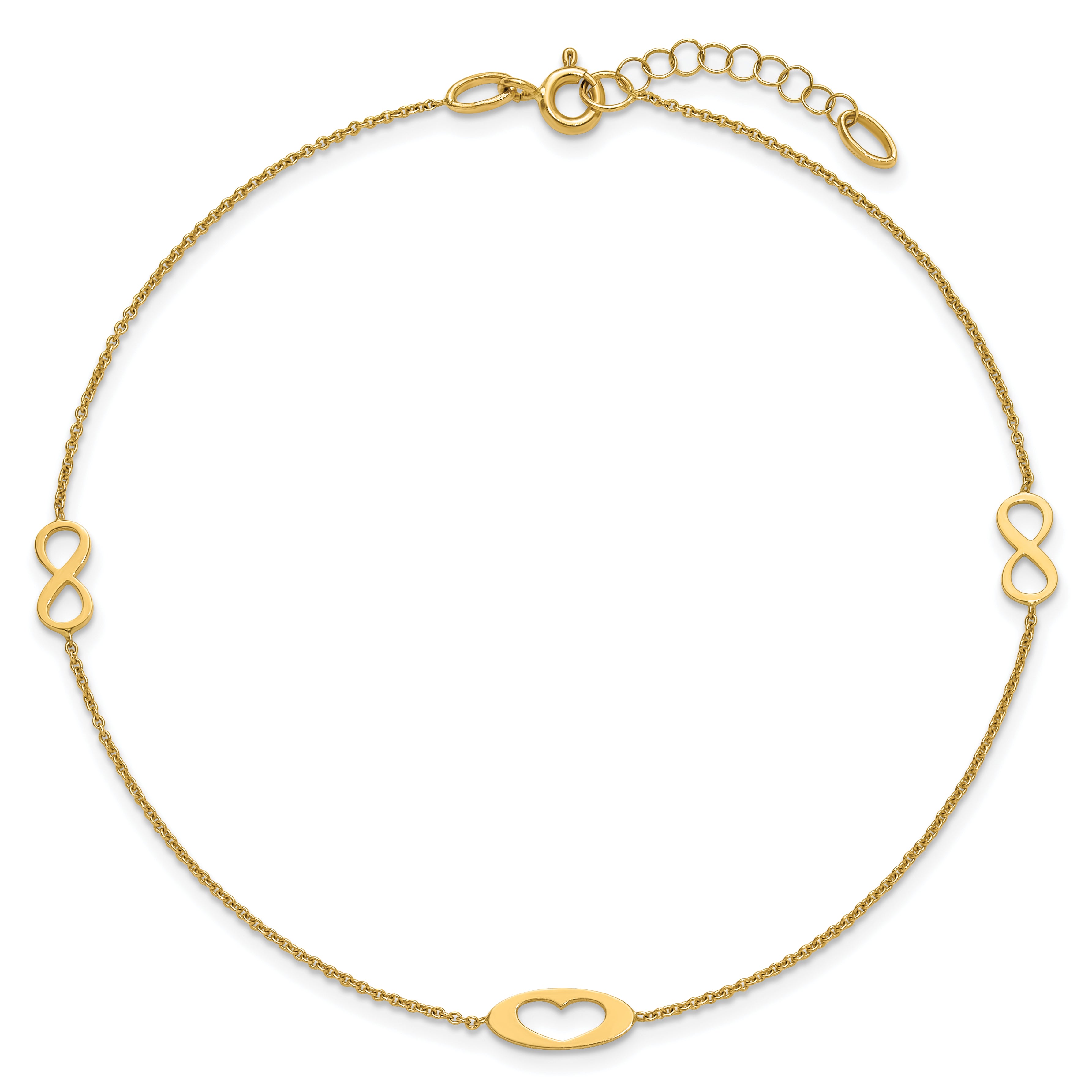 14k Polished Infinity and Heart 9 inch Anklet with 1 inch Extender - Total 10 inch Anklet - Sophia Jewelers