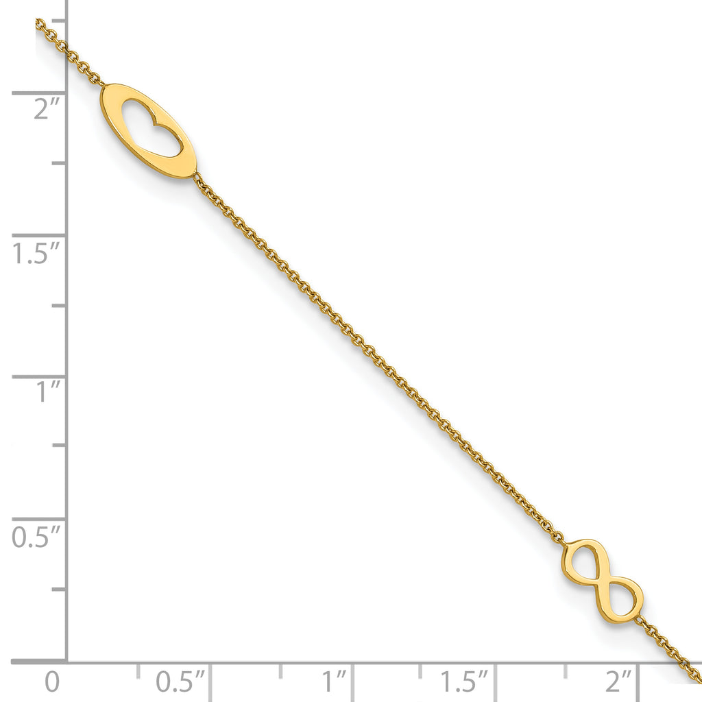 14k Polished Infinity and Heart 9 inch Anklet with 1 inch Extender - Total 10 inch Anklet - Sophia Jewelers