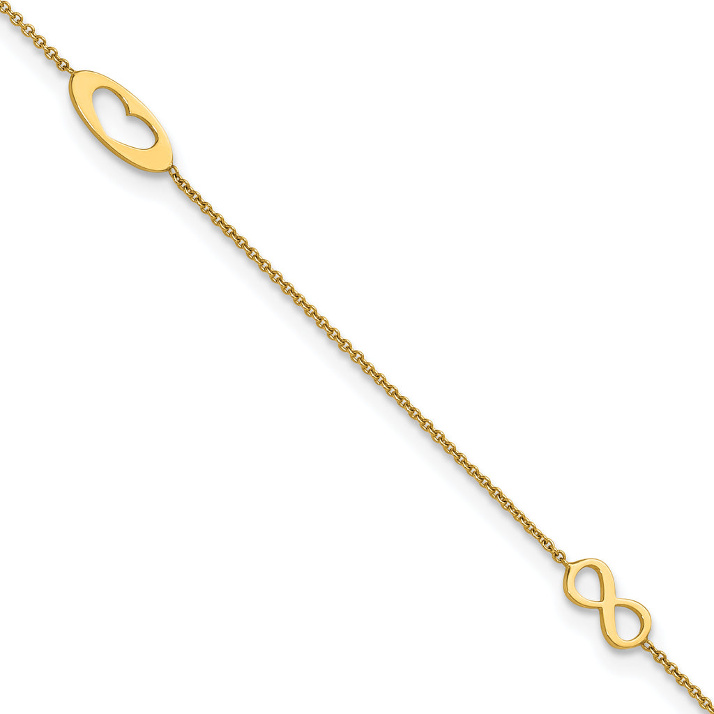 14k Polished Infinity and Heart 9 inch Anklet with 1 inch Extender - Total 10 inch Anklet - Sophia Jewelers