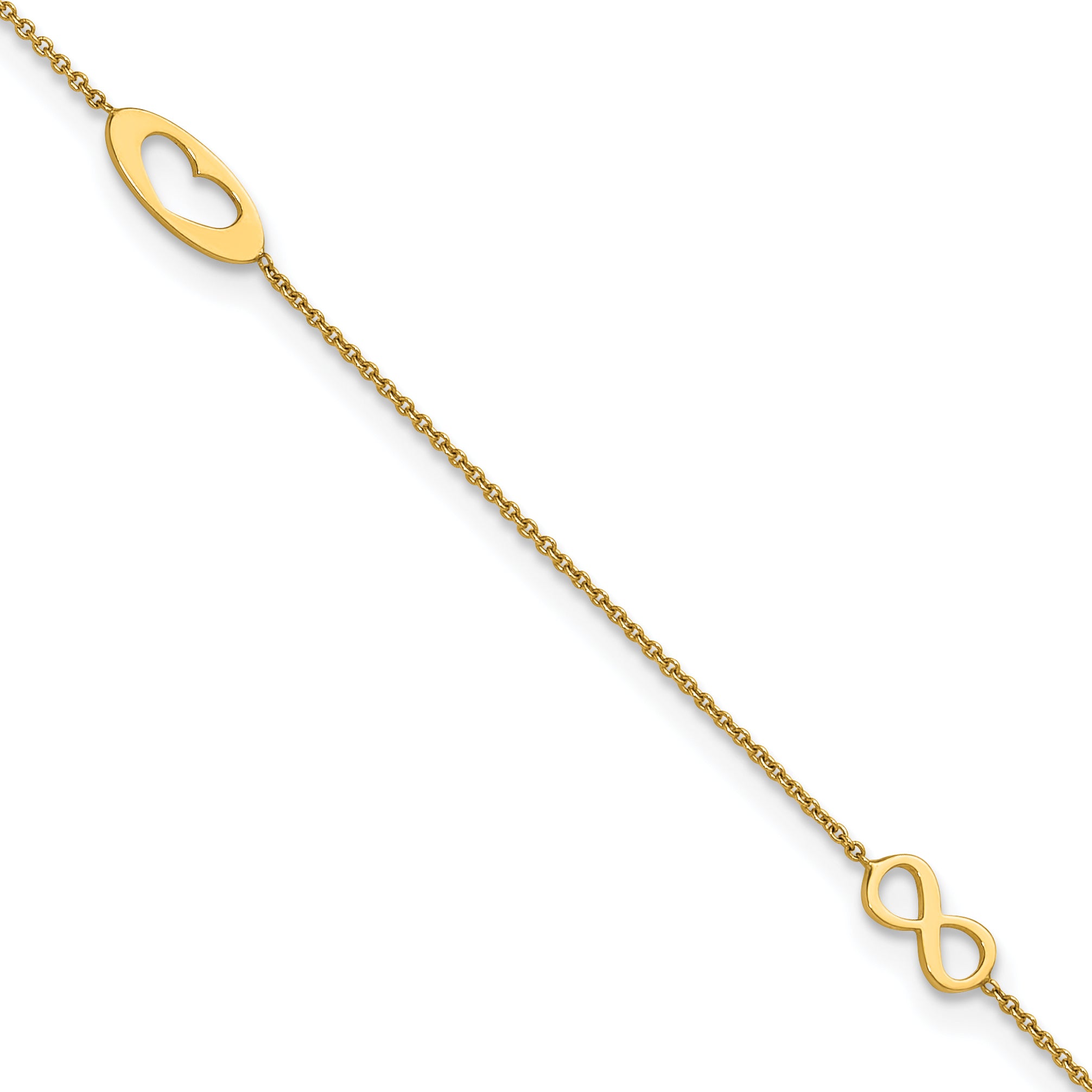 14k Polished Infinity and Heart 9 inch Anklet with 1 inch Extender - Total 10 inch Anklet - Sophia Jewelers
