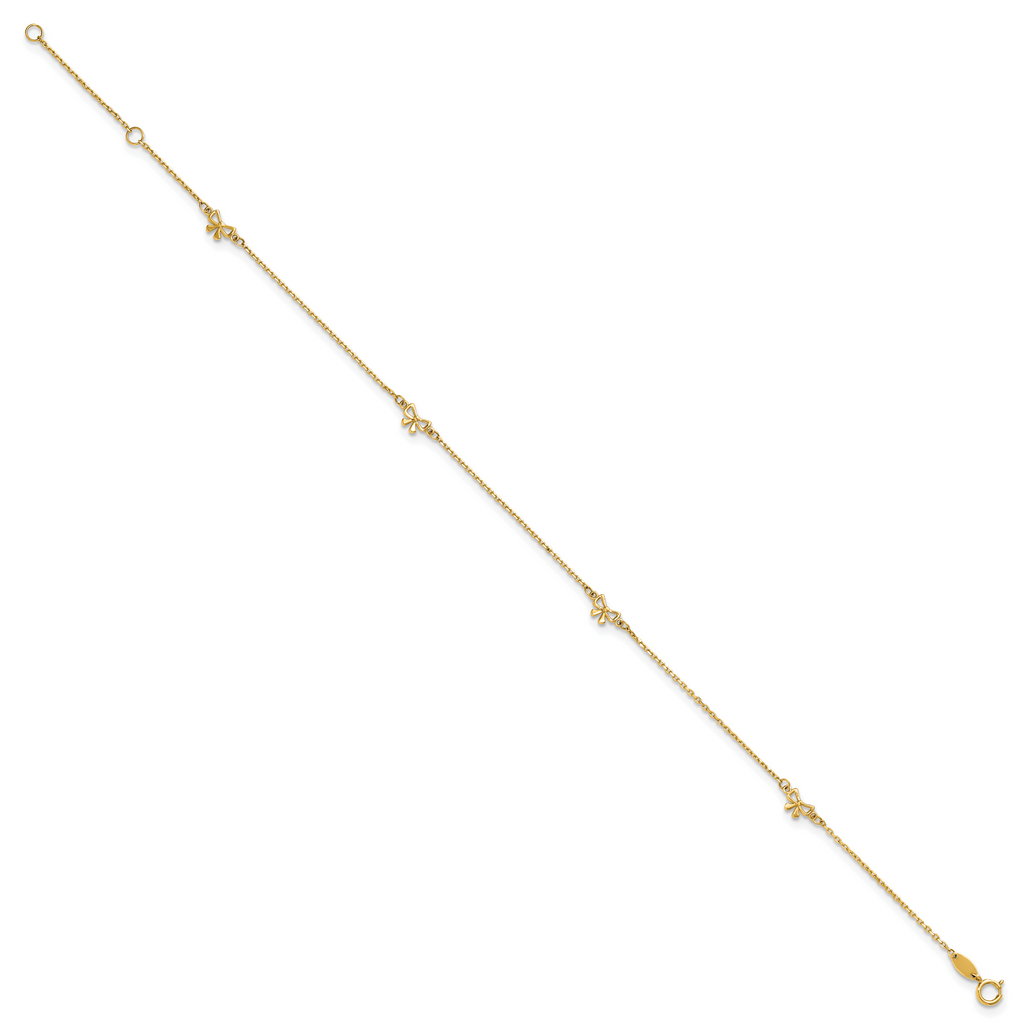 14k Polished Bows 4-station 9 inch Plus 1 inch Extender - Total 10 inch Anklet - Sophia Jewelers