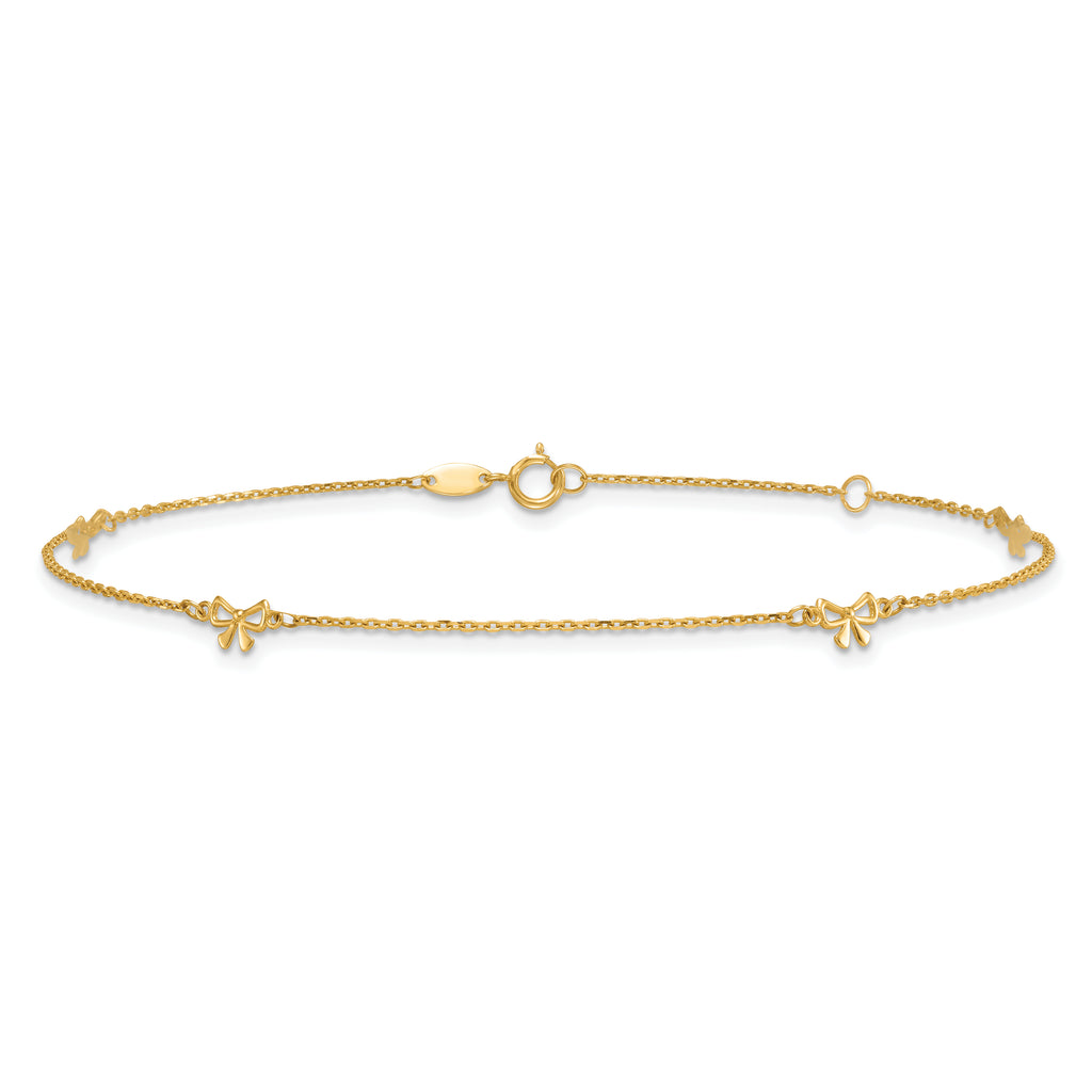 14k Polished Bows 4-station 9 inch Plus 1 inch Extender - Total 10 inch Anklet - Sophia Jewelers