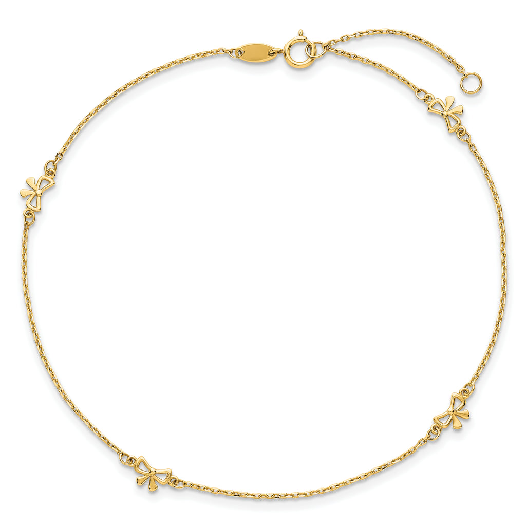 14k Polished Bows 4-station 9 inch Plus 1 inch Extender - Total 10 inch Anklet - Sophia Jewelers
