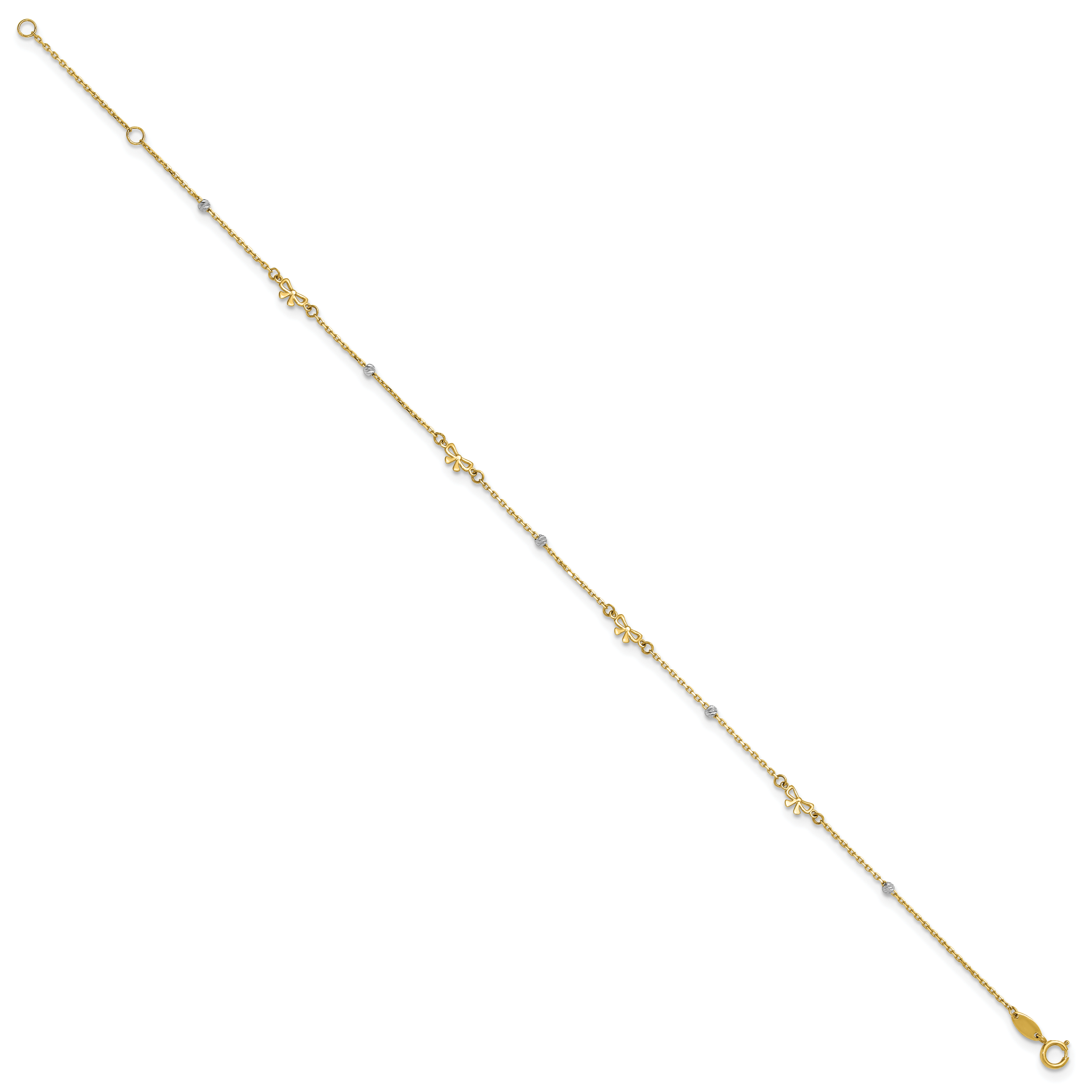 14k Two-tone Polished Diamond-cut Beads and Bows 9 inch Plus 1 inch Extender - Total 10 inch Anklet Secondary image
