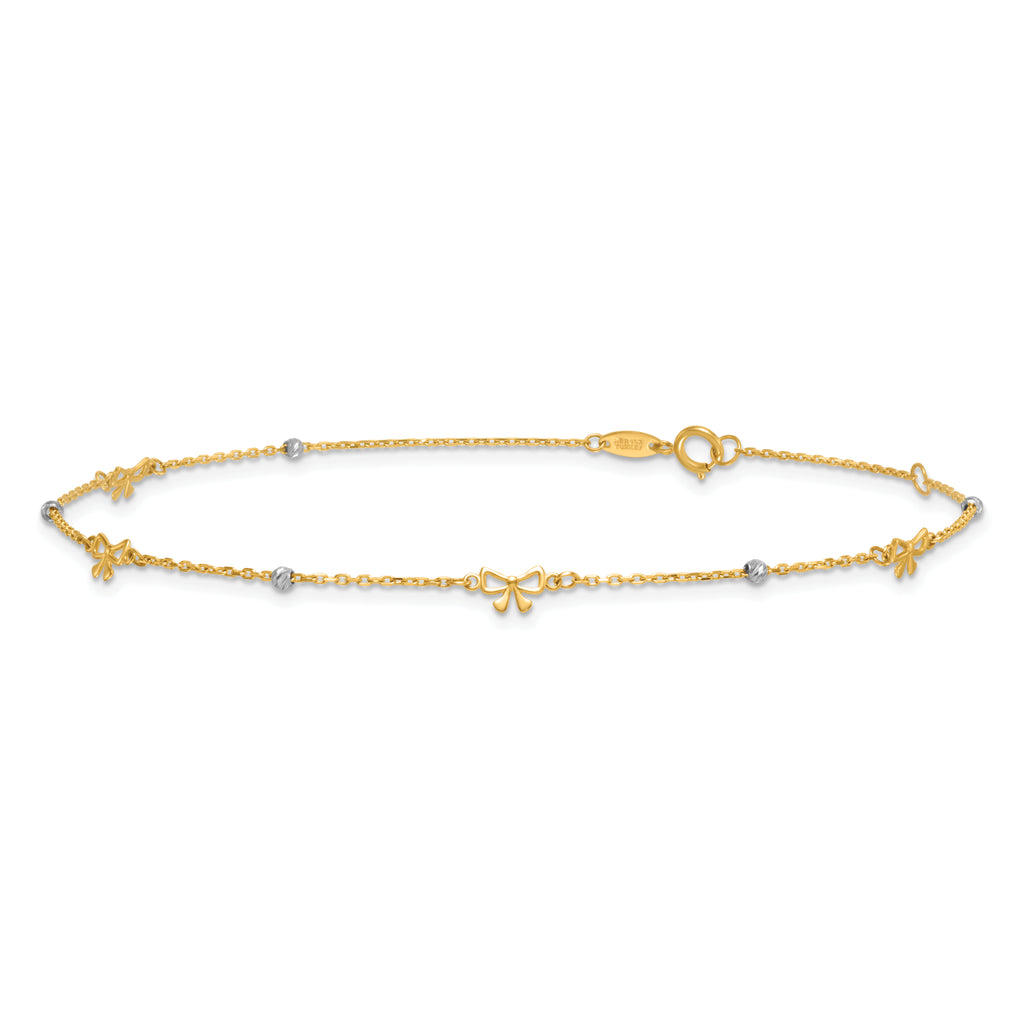 14k Two-tone Polished Diamond-cut Beads and Bows 9 inch Plus 1 inch Extender - Total 10 inch Anklet - Sophia Jewelers