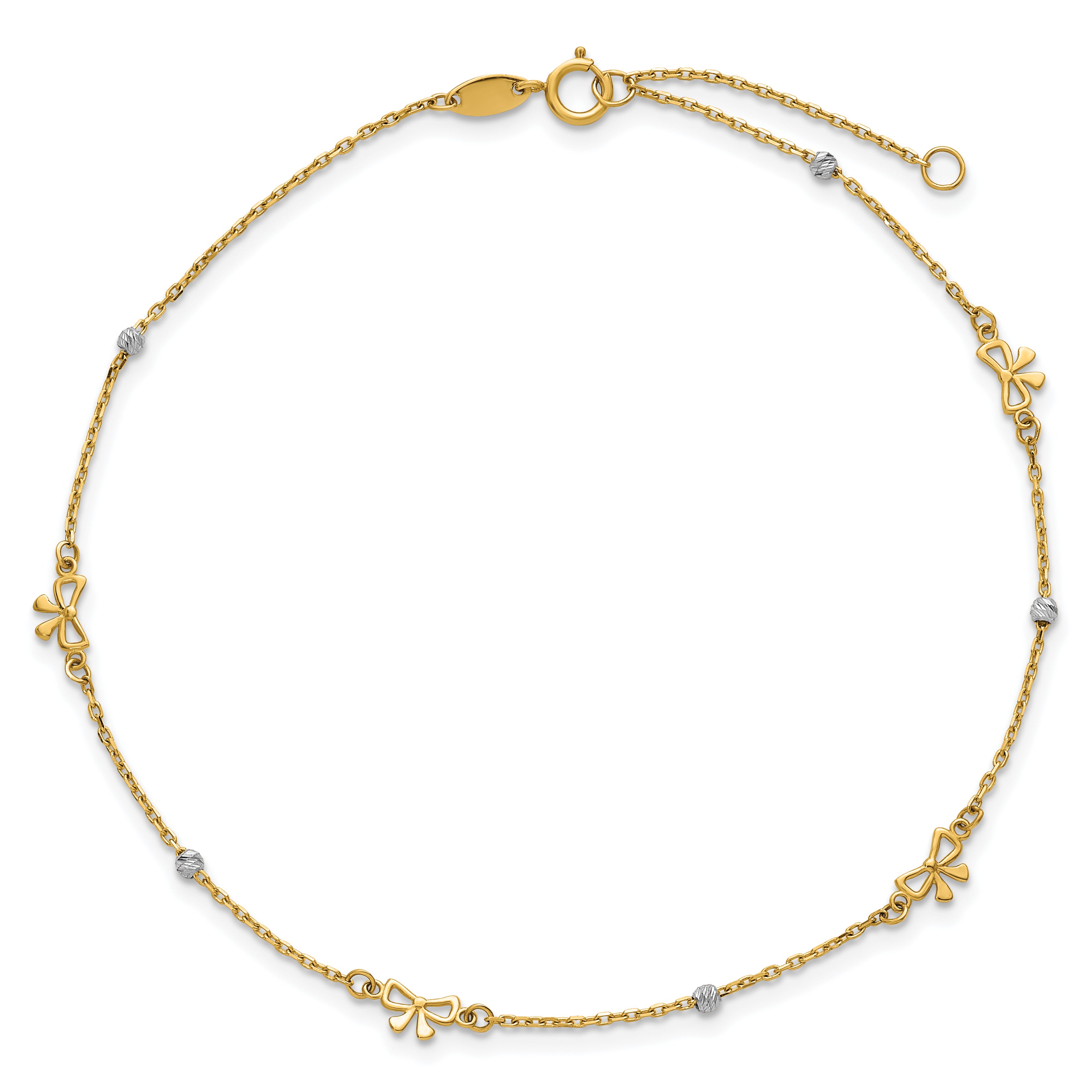 14k Two-tone Polished Diamond-cut Beads and Bows 9 inch Plus 1 inch Extender - Total 10 inch Anklet - Sophia Jewelers