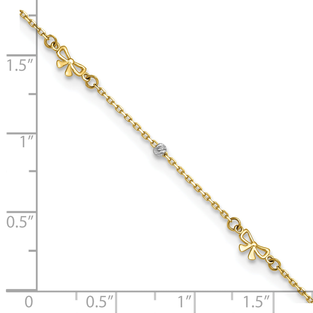 14k Two-tone Polished Diamond-cut Beads and Bows 9 inch Plus 1 inch Extender - Total 10 inch Anklet - Sophia Jewelers