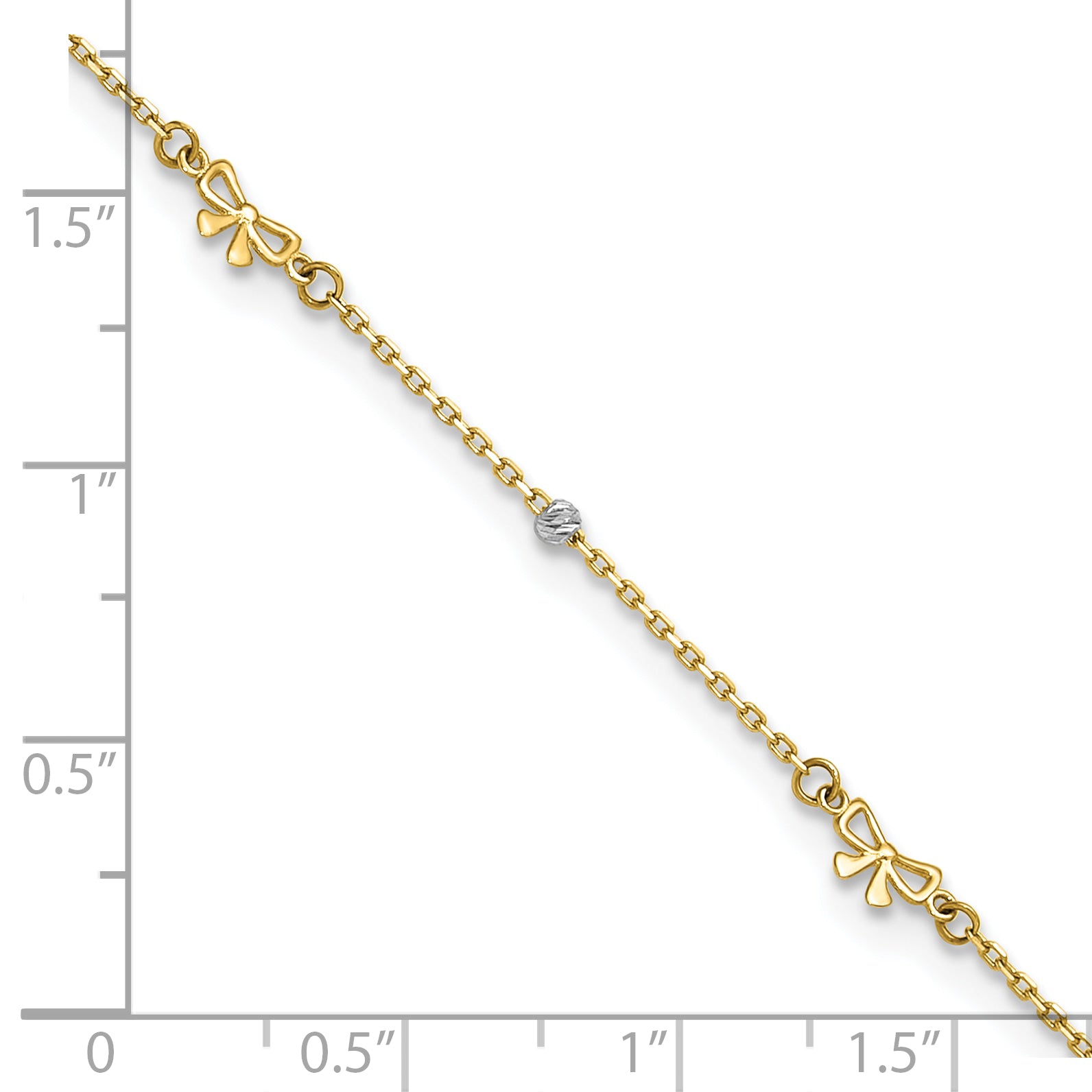 14k Two-tone Polished Diamond-cut Beads and Bows 9 inch Plus 1 inch Extender - Total 10 inch Anklet - Sophia Jewelers