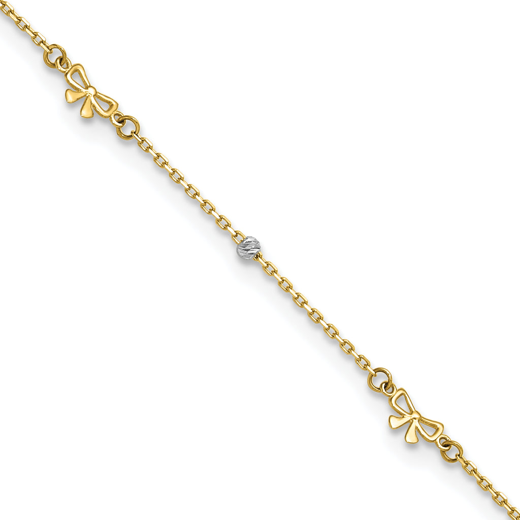 14k Two-tone Polished Diamond-cut Beads and Bows 9 inch Plus 1 inch Extender - Total 10 inch Anklet - Sophia Jewelers