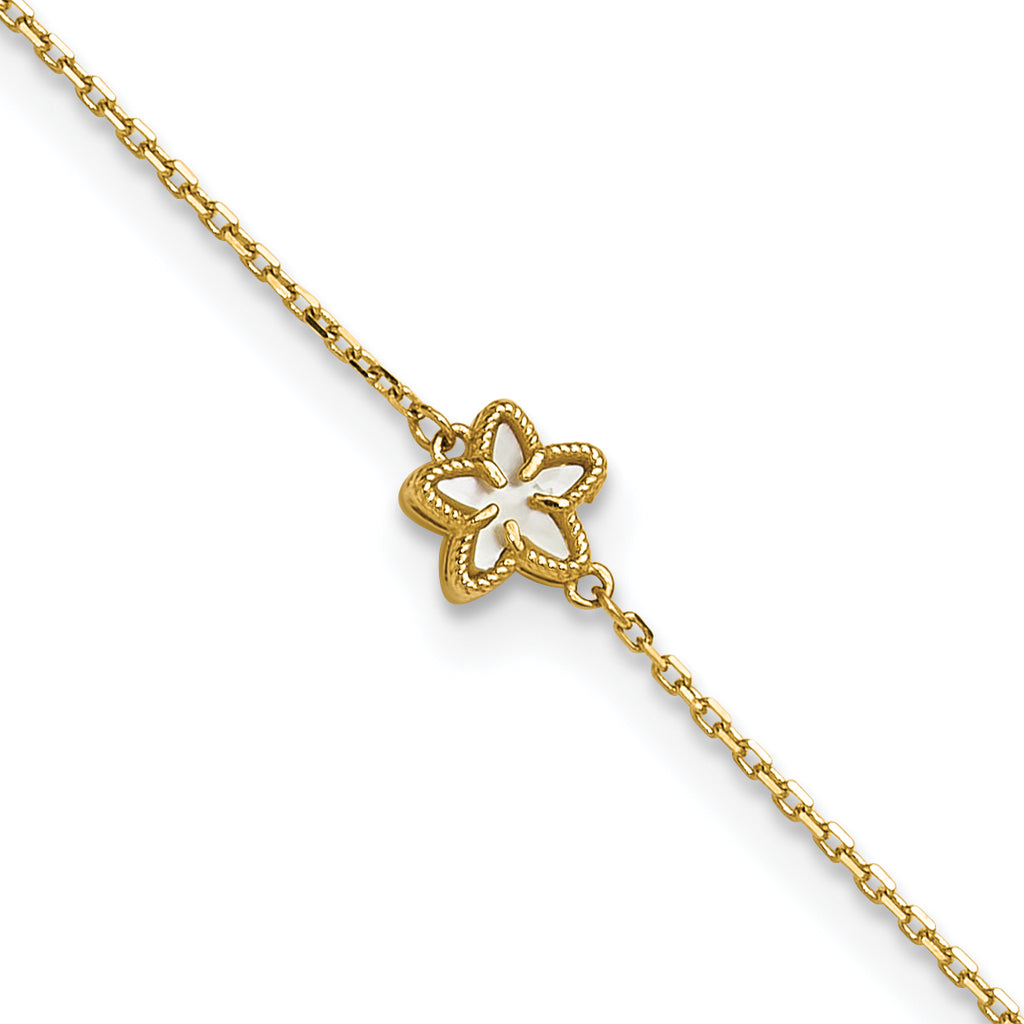 14K Polished Mother of Pearl Flower 9 inch Plus 1 inch Extender - Total 10 inch Anklet - Sophia Jewelers