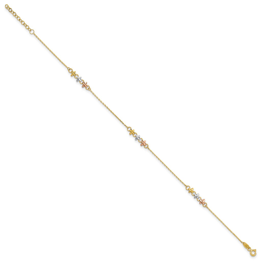 14K Two-tone with White Rhodium 3-Station Flowers 9 inch Plus 1 inch Extender - Total 10 inch Anklet - Sophia Jewelers