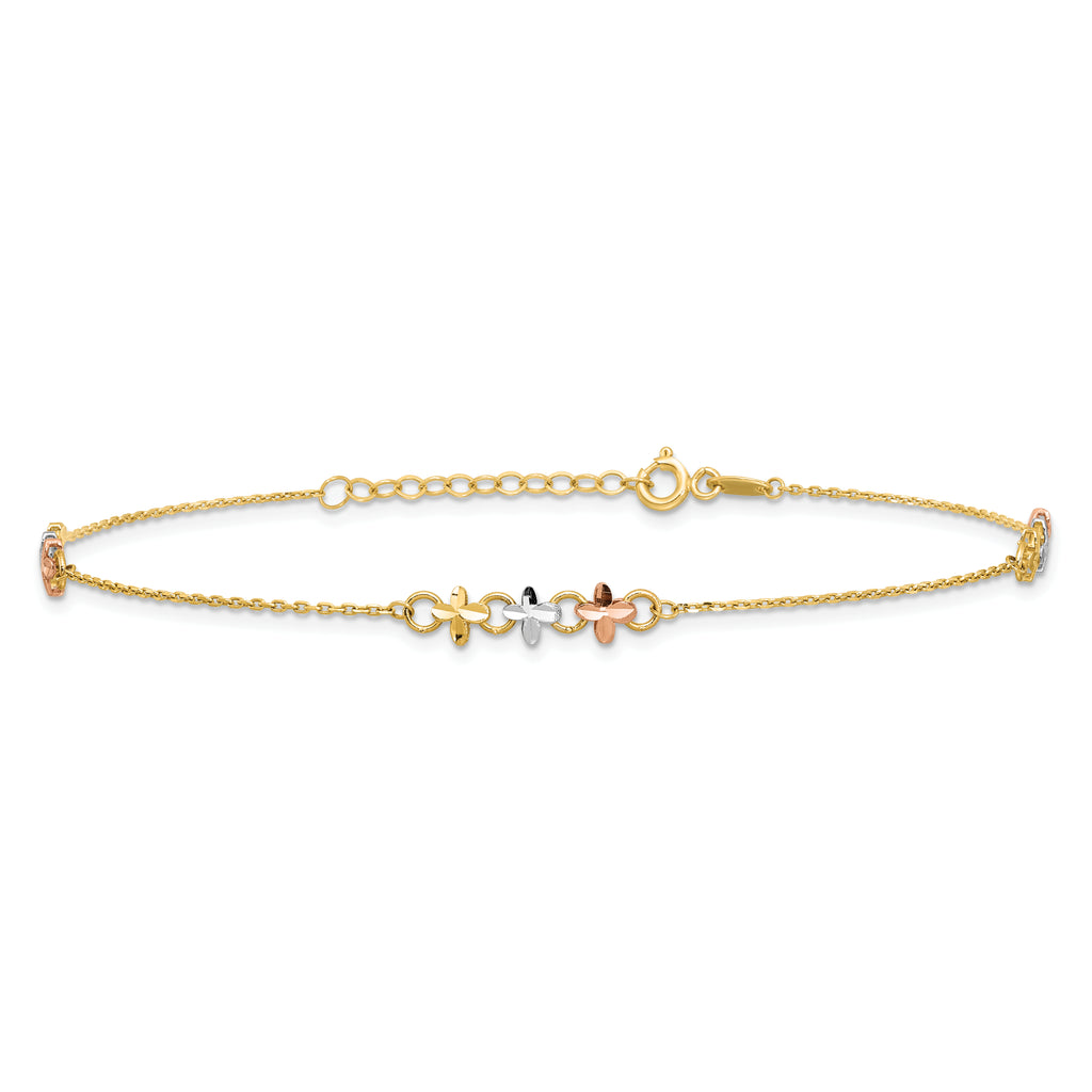 14K Two-tone with White Rhodium 3-Station Flowers 9 inch Plus 1 inch Extender - Total 10 inch Anklet - Sophia Jewelers
