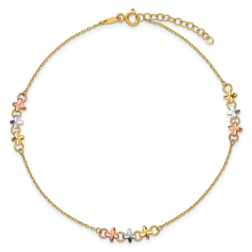 14K Two-tone with White Rhodium 3-Station Flowers 9 inch Plus 1 inch Extender - Total 10 inch Anklet - Sophia Jewelers