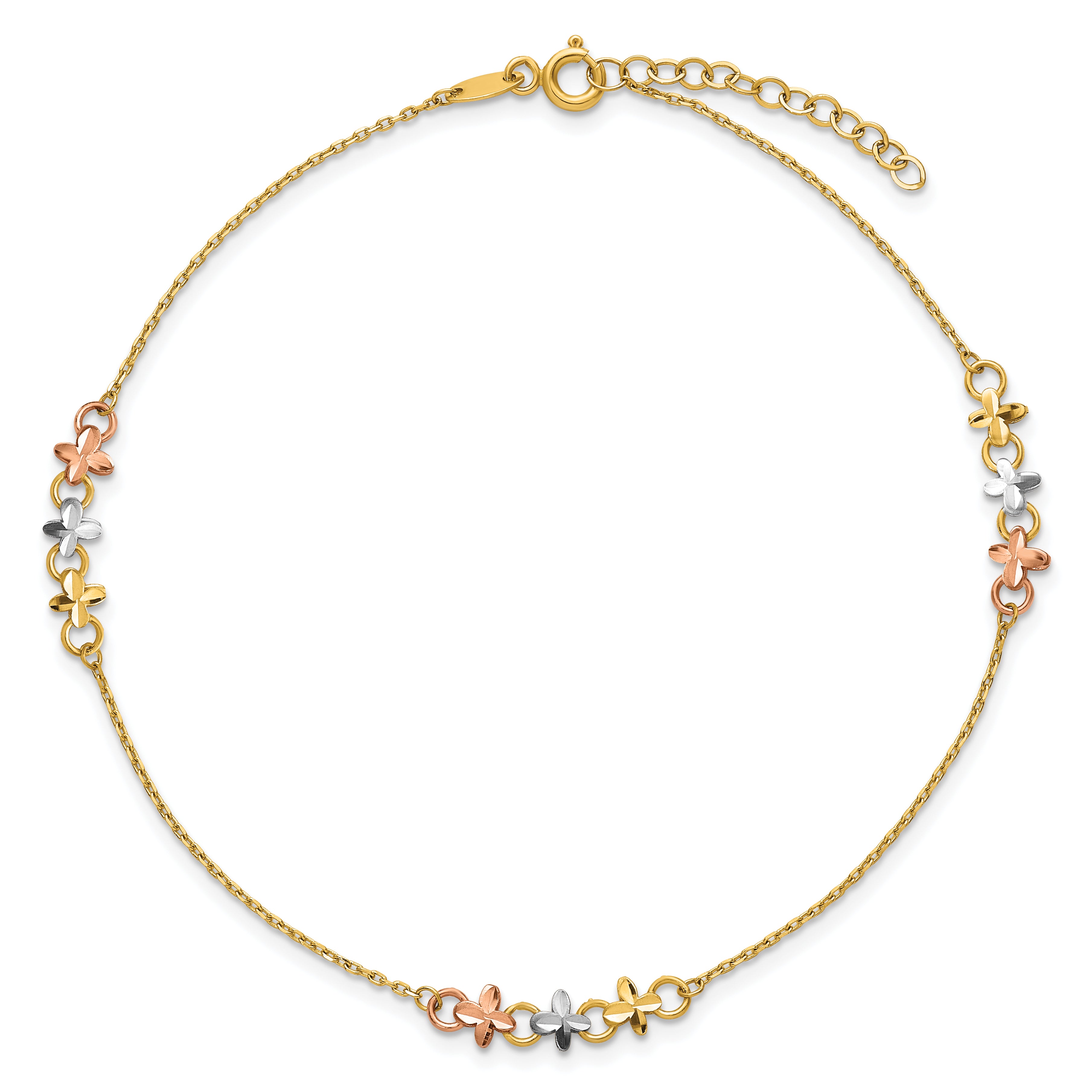 14K Two-tone with White Rhodium 3-Station Flowers 9 inch Plus 1 inch Extender - Total 10 inch Anklet - Sophia Jewelers
