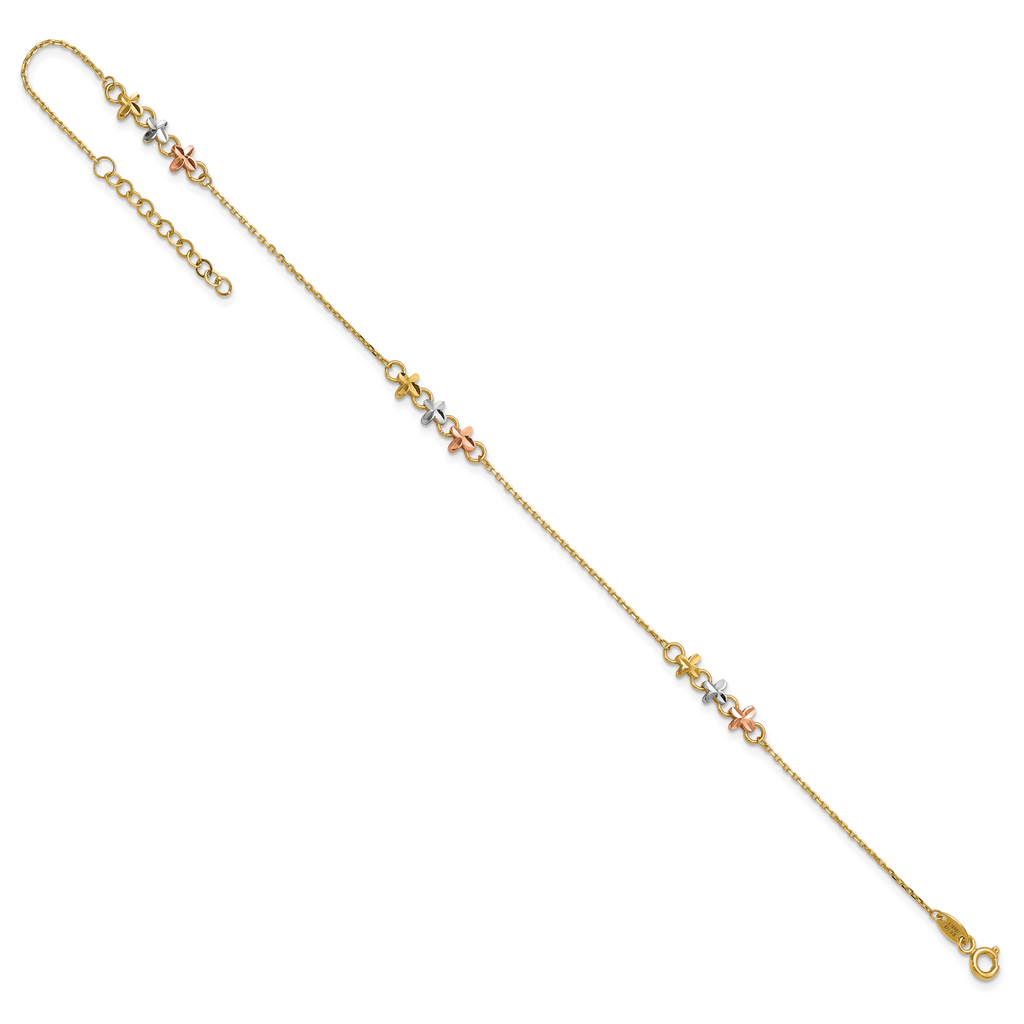 14K Two-tone with White Rhodium 3-Station Flowers 9 inch Plus 1 inch Extender - Total 10 inch Anklet - Sophia Jewelers