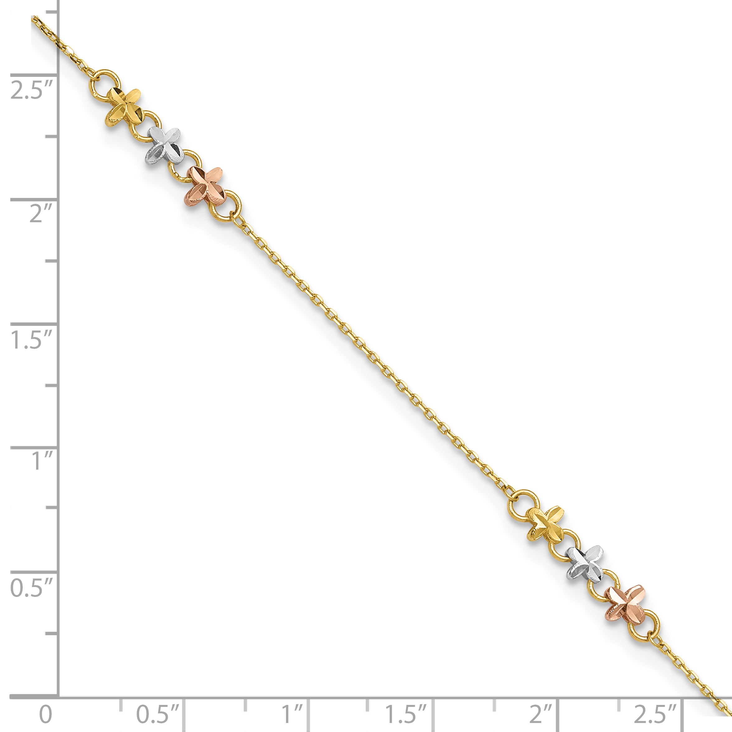 14K Two-tone with White Rhodium 3-Station Flowers 9 inch Plus 1 inch Extender - Total 10 inch Anklet - Sophia Jewelers