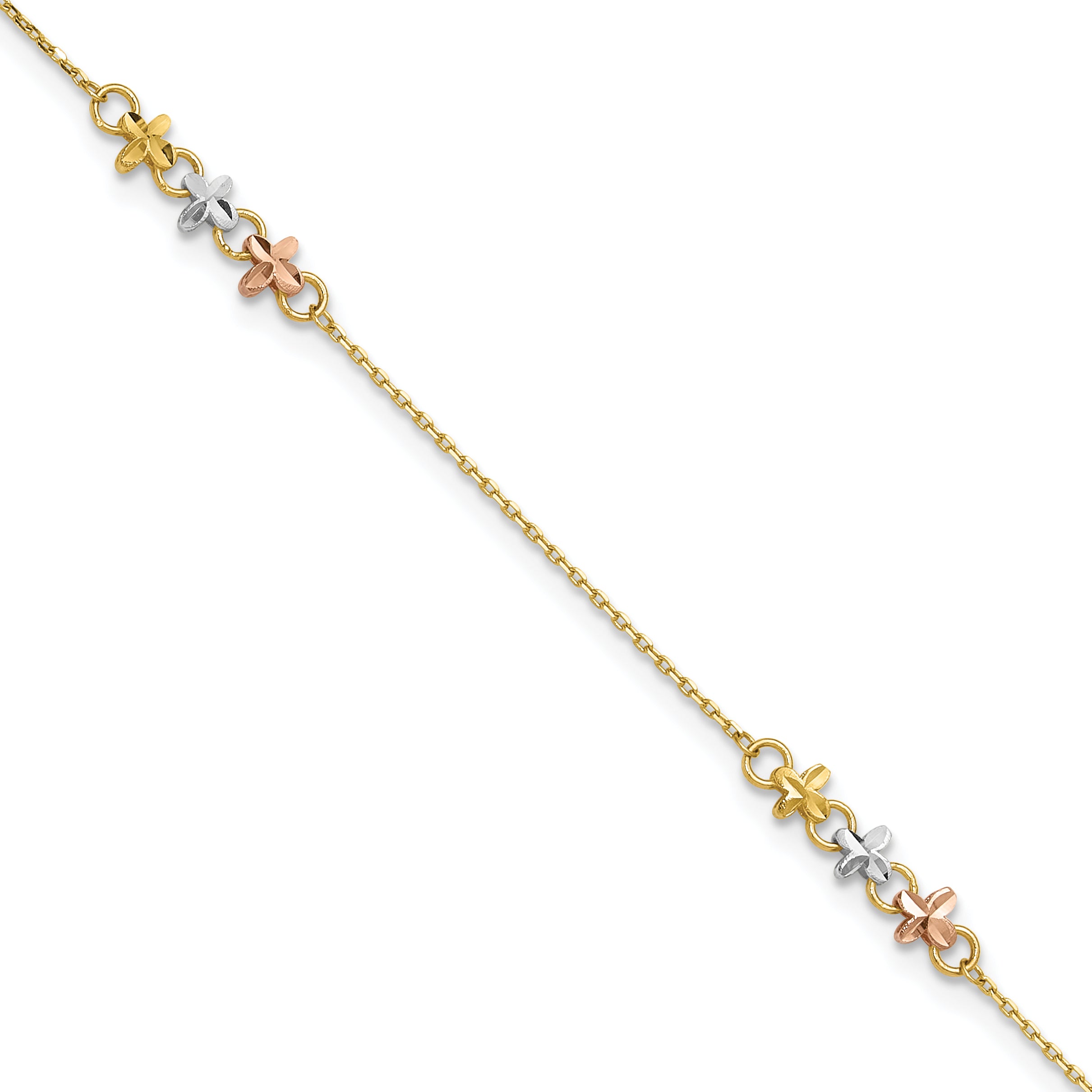 14K Two-tone with White Rhodium 3-Station Flowers 9 inch Plus 1 inch Extender - Total 10 inch Anklet - Sophia Jewelers Main image