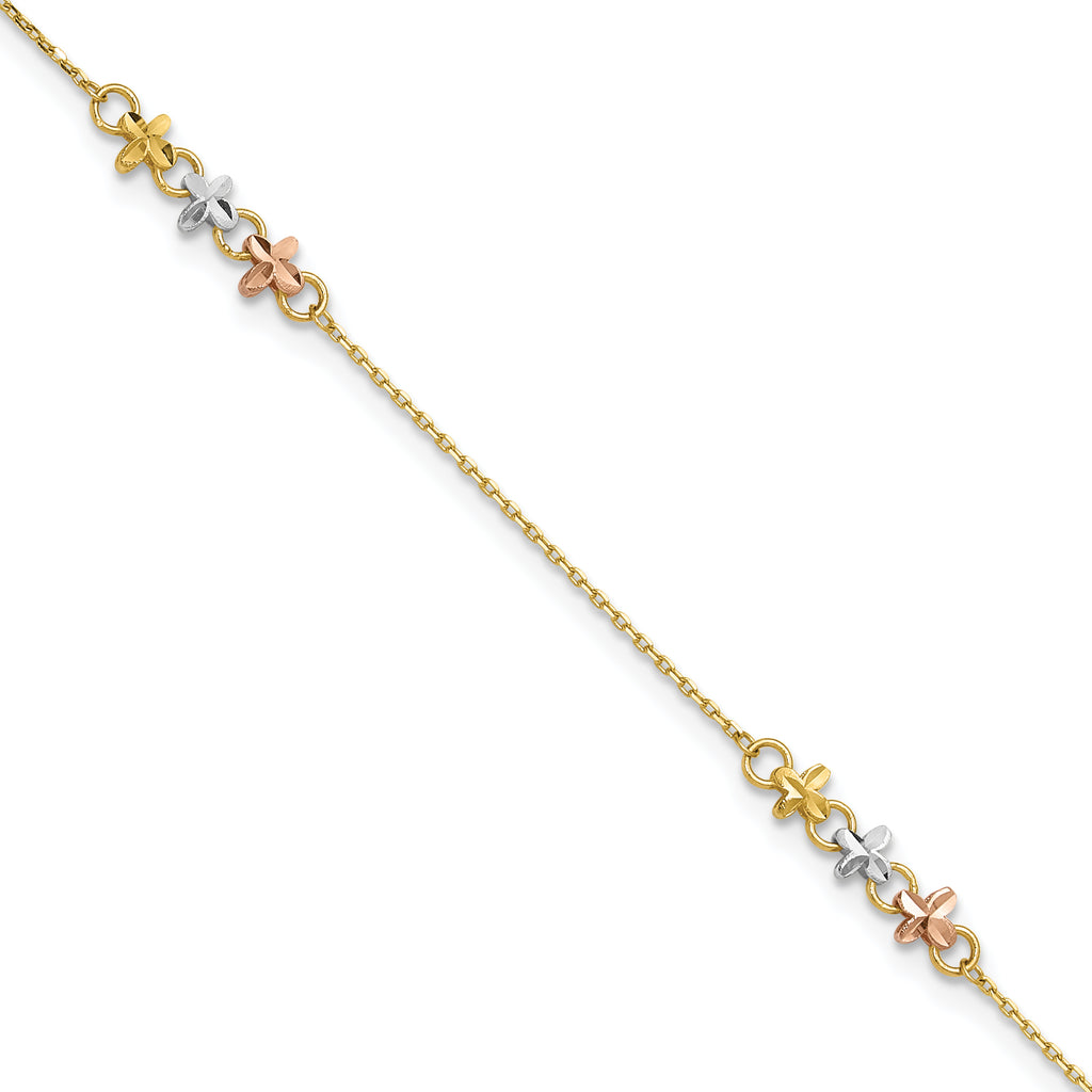 14K Two-tone with White Rhodium 3-Station Flowers 9 inch Plus 1 inch Extender - Total 10 inch Anklet - Sophia Jewelers