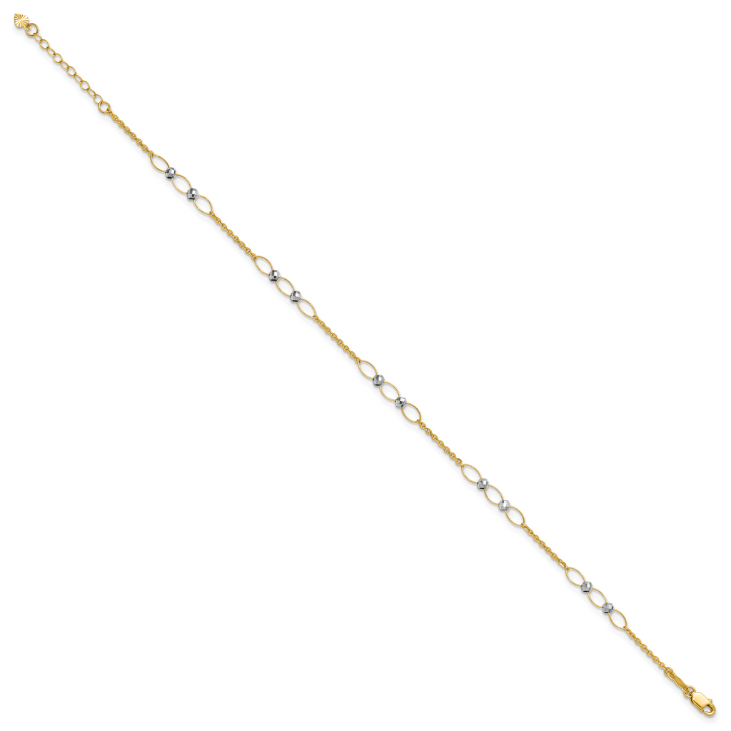 14k Two-tone Oval Links and Mirror Beads 9 inch Plus 1 inch Extender - Total 10 inch Anklet - Sophia Jewelers