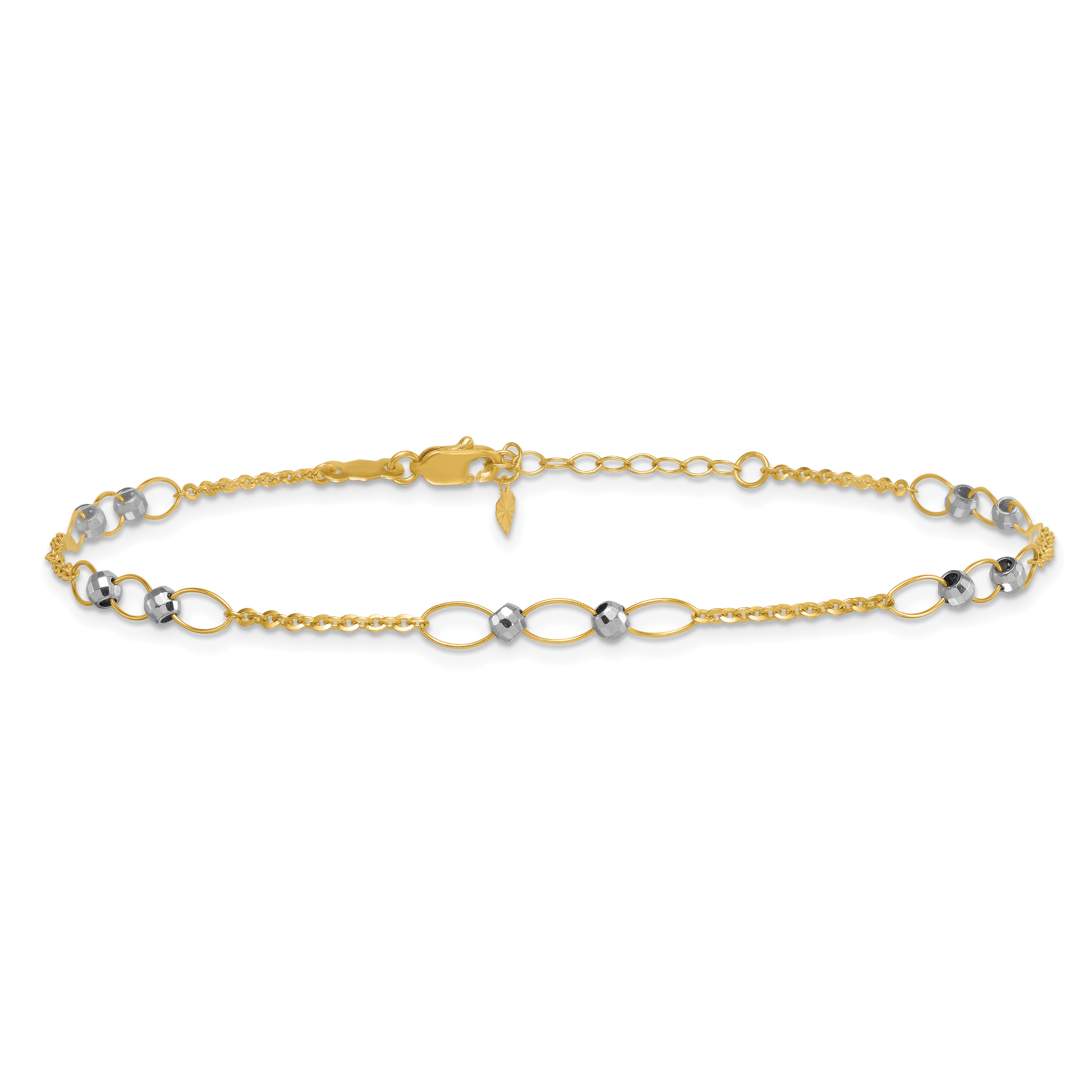 14k Two-tone Oval Links and Mirror Beads 9 inch Plus 1 inch Extender - Total 10 inch Anklet - Sophia Jewelers