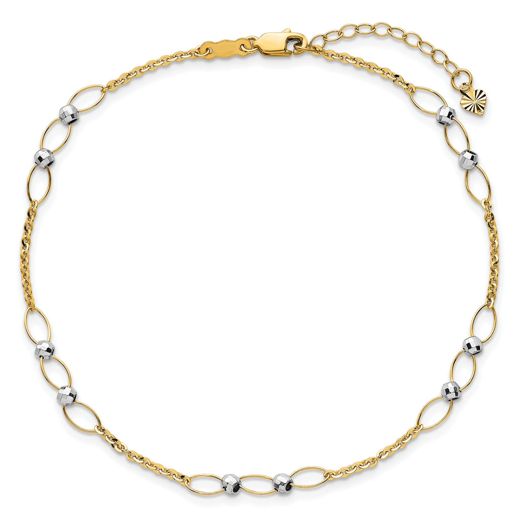 14k Two-tone Oval Links and Mirror Beads 9 inch Plus 1 inch Extender - Total 10 inch Anklet - Sophia Jewelers