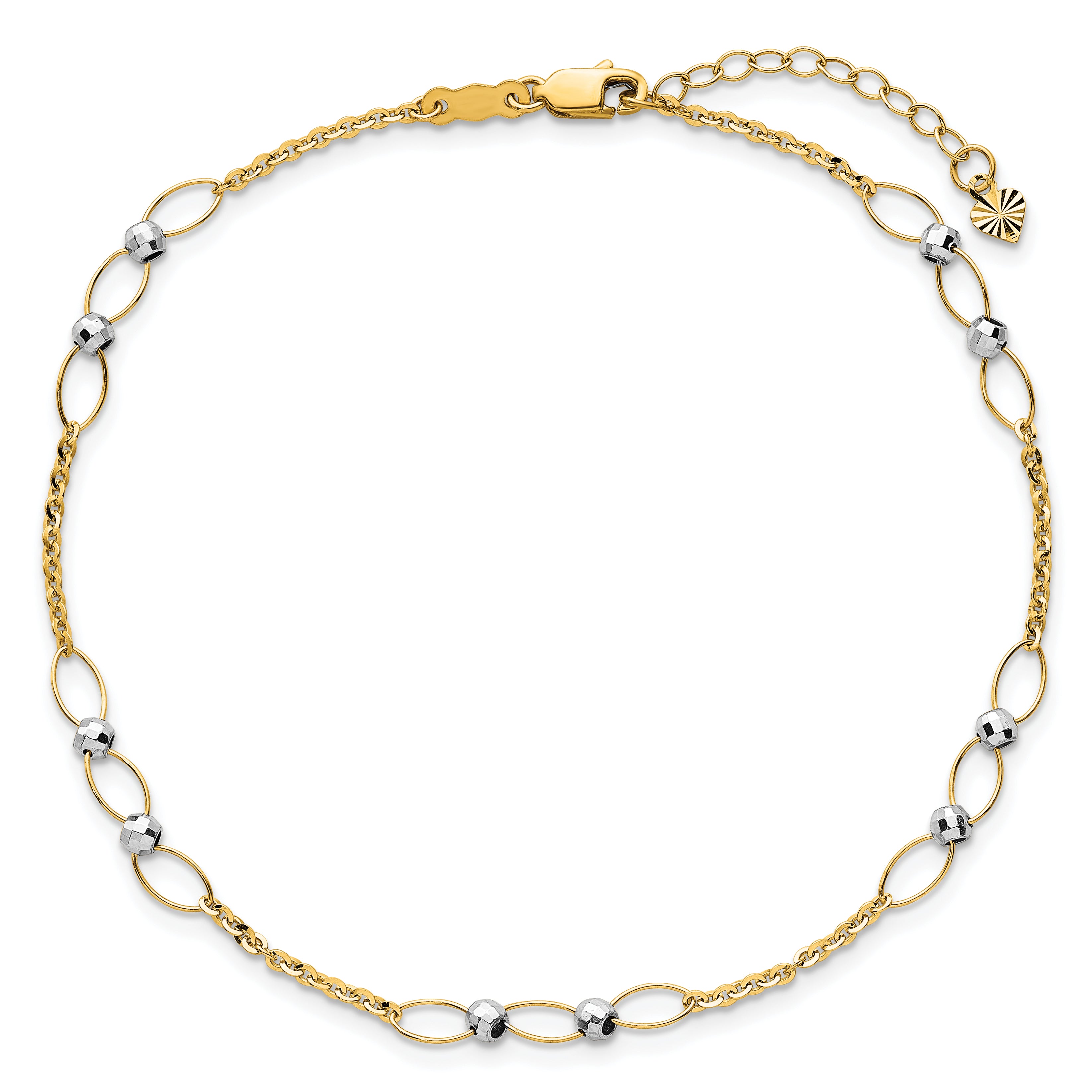 14k Two-tone Oval Links and Mirror Beads 9 inch Plus 1 inch Extender - Total 10 inch Anklet - Sophia Jewelers