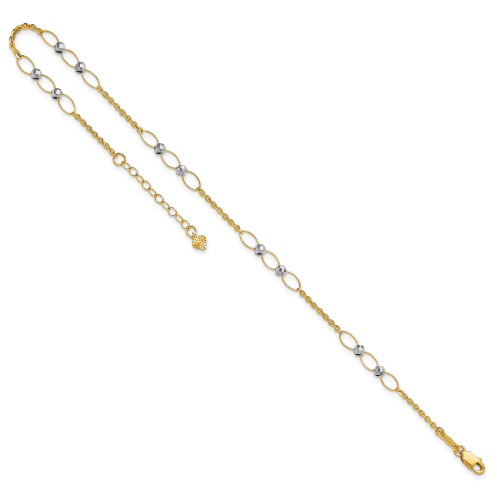 14k Two-tone Oval Links and Mirror Beads 9 inch Plus 1 inch Extender - Total 10 inch Anklet - Sophia Jewelers