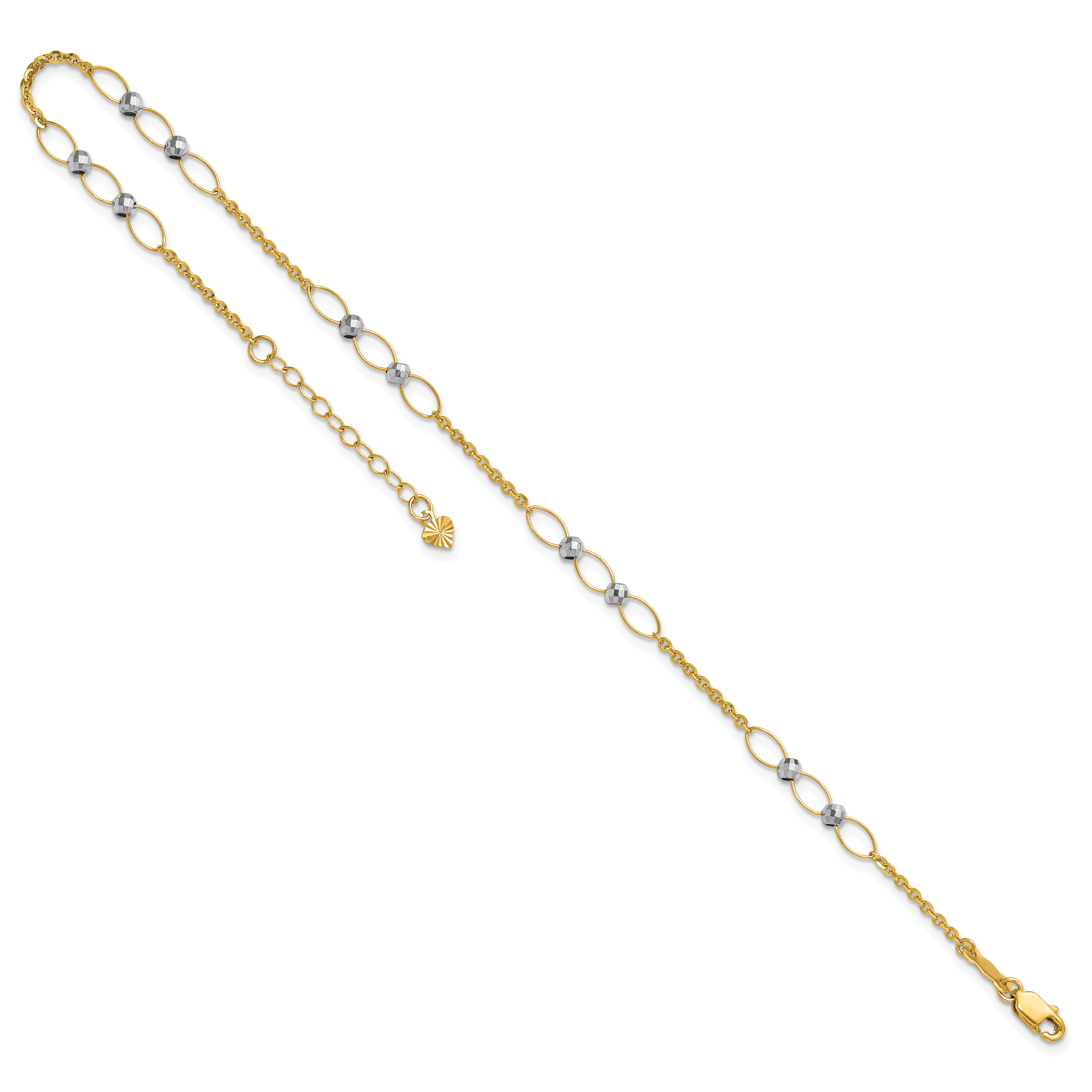 14k Two-tone Oval Links and Mirror Beads 9 inch Plus 1 inch Extender - Total 10 inch Anklet - Sophia Jewelers