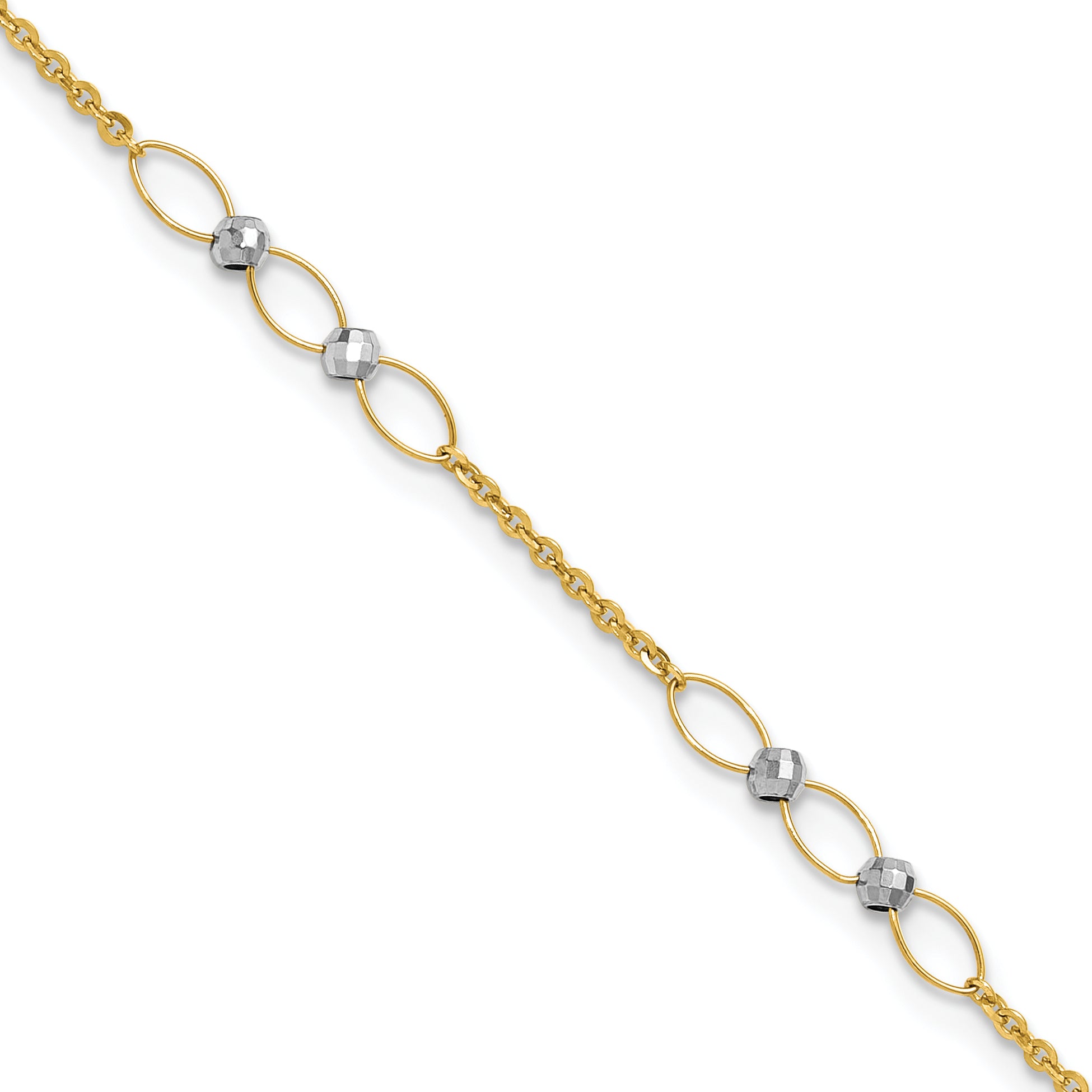 14k Two-tone Oval Links and Mirror Beads 9 inch Plus 1 inch Extender - Total 10 inch Anklet - Sophia Jewelers Main image