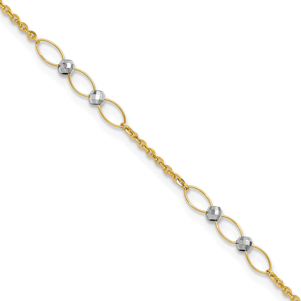 14k Two-tone Oval Links and Mirror Beads 9 inch Plus 1 inch Extender - Total 10 inch Anklet - Sophia Jewelers