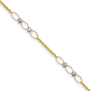 14k Two-tone Oval Links and Mirror Beads 9 inch Plus 1 inch Extender - Total 10 inch Anklet - Sophia Jewelers