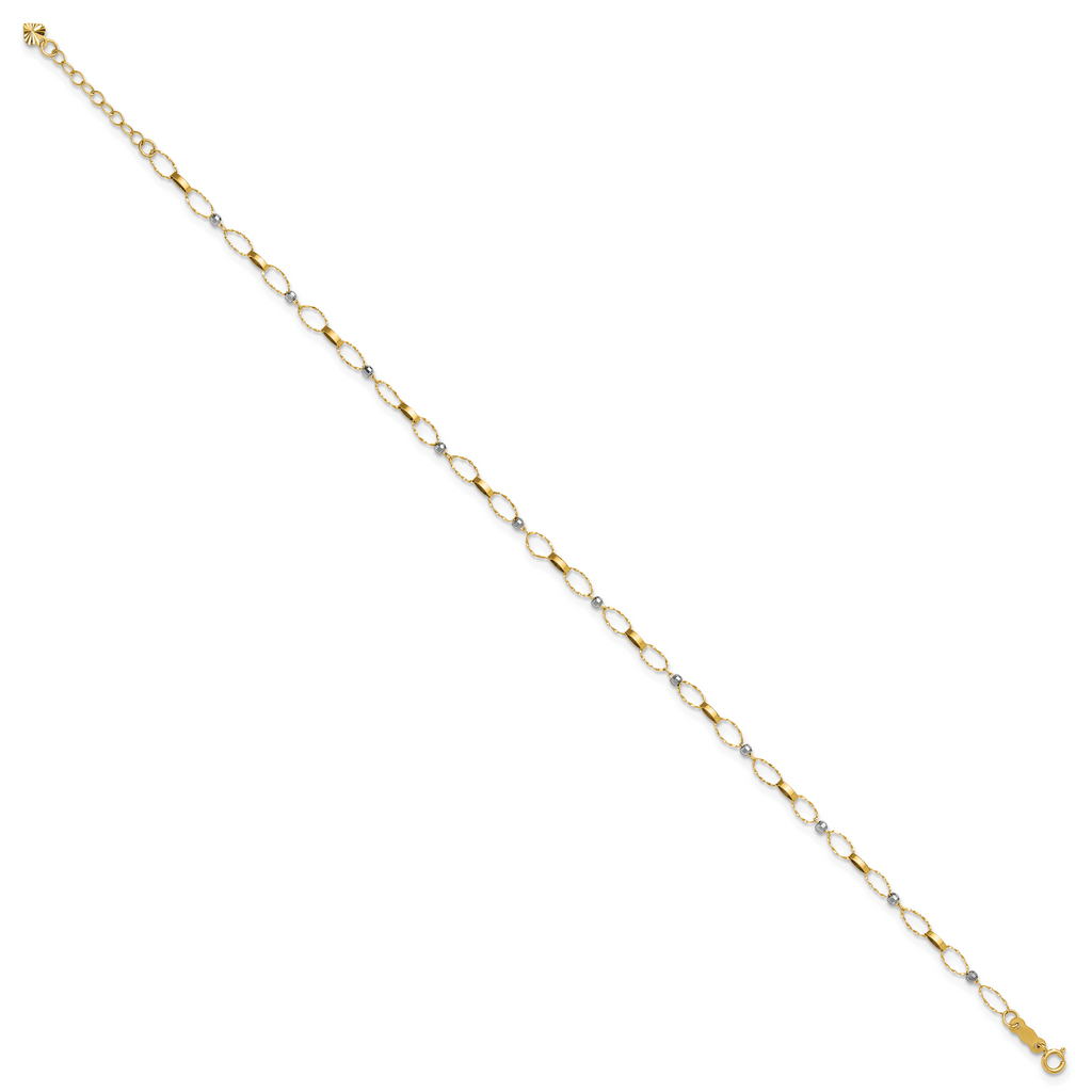 14k Two-tone Twisted Links and Mirror Beads 9 inch Plus 1 inch Extender - Total 10 inch Anklet - Sophia Jewelers