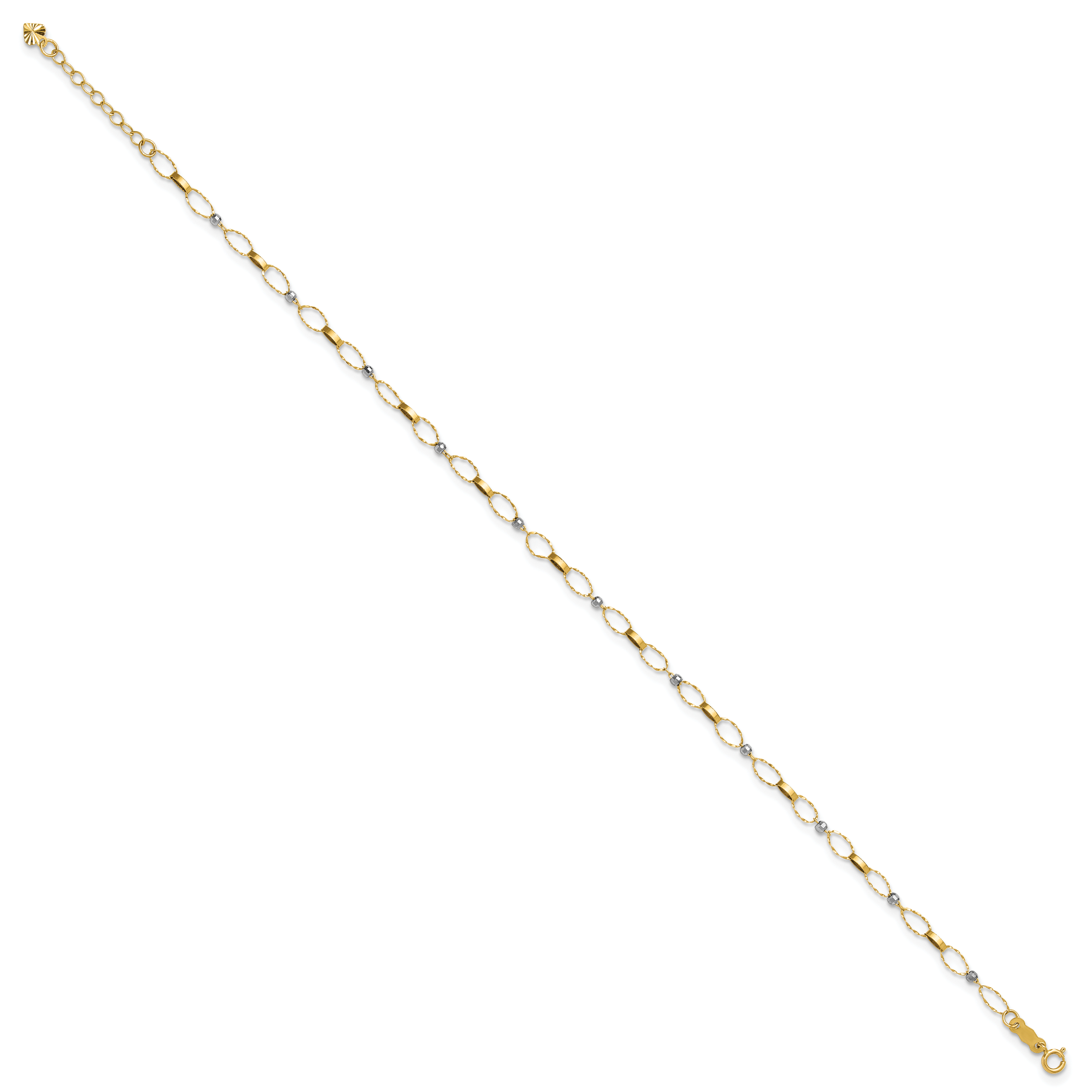 14k Two-tone Twisted Links and Mirror Beads 9 inch Plus 1 inch Extender - Total 10 inch Anklet - Sophia Jewelers