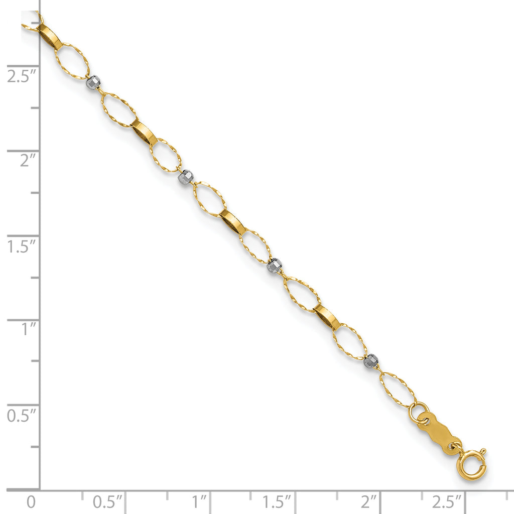 14k Two-tone Twisted Links and Mirror Beads 9 inch Plus 1 inch Extender - Total 10 inch Anklet - Sophia Jewelers