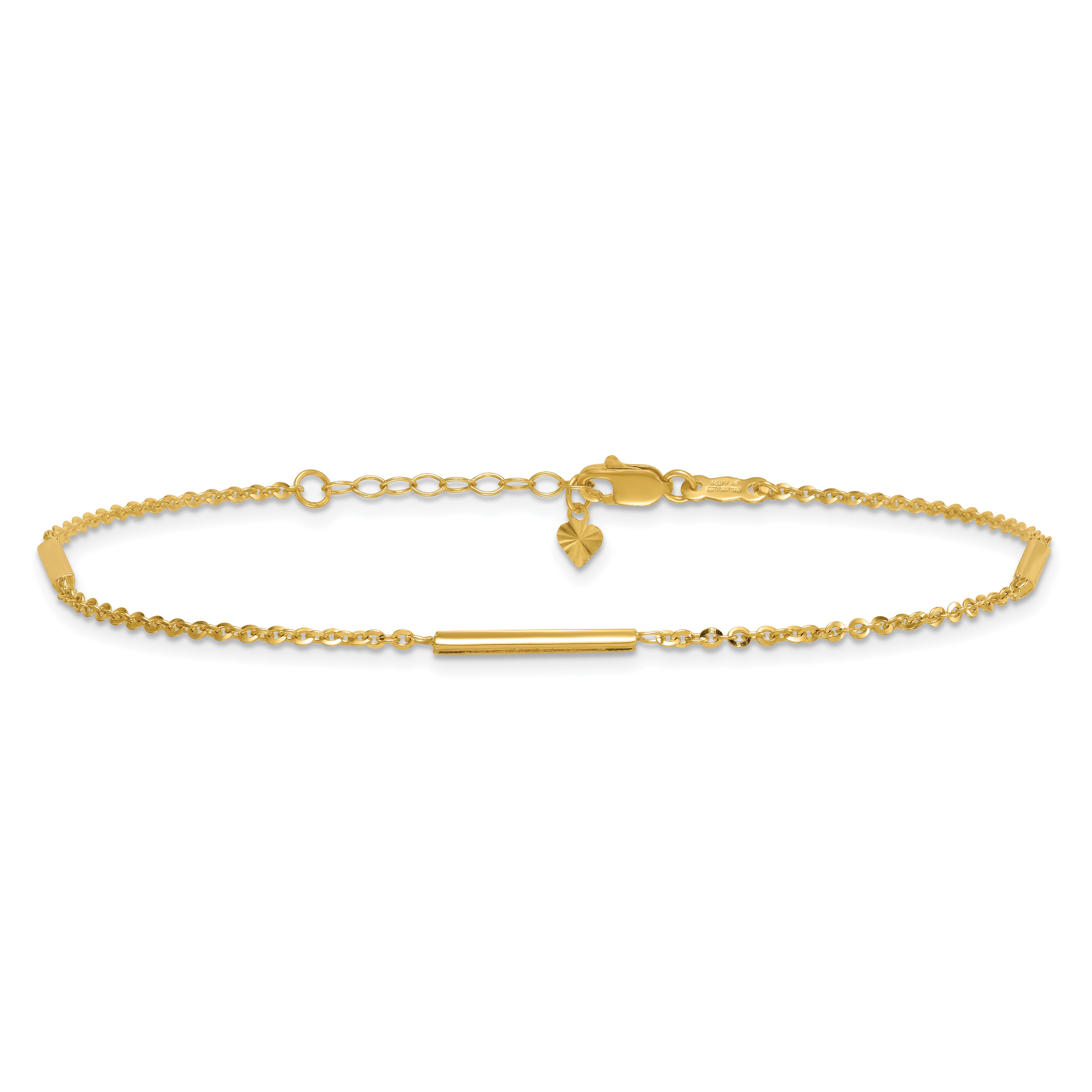 14k Cable Chain and Bar 3-Station 9 inch Plus 1 inch Extender - Total 10 inch Anklet - Sophia Jewelers