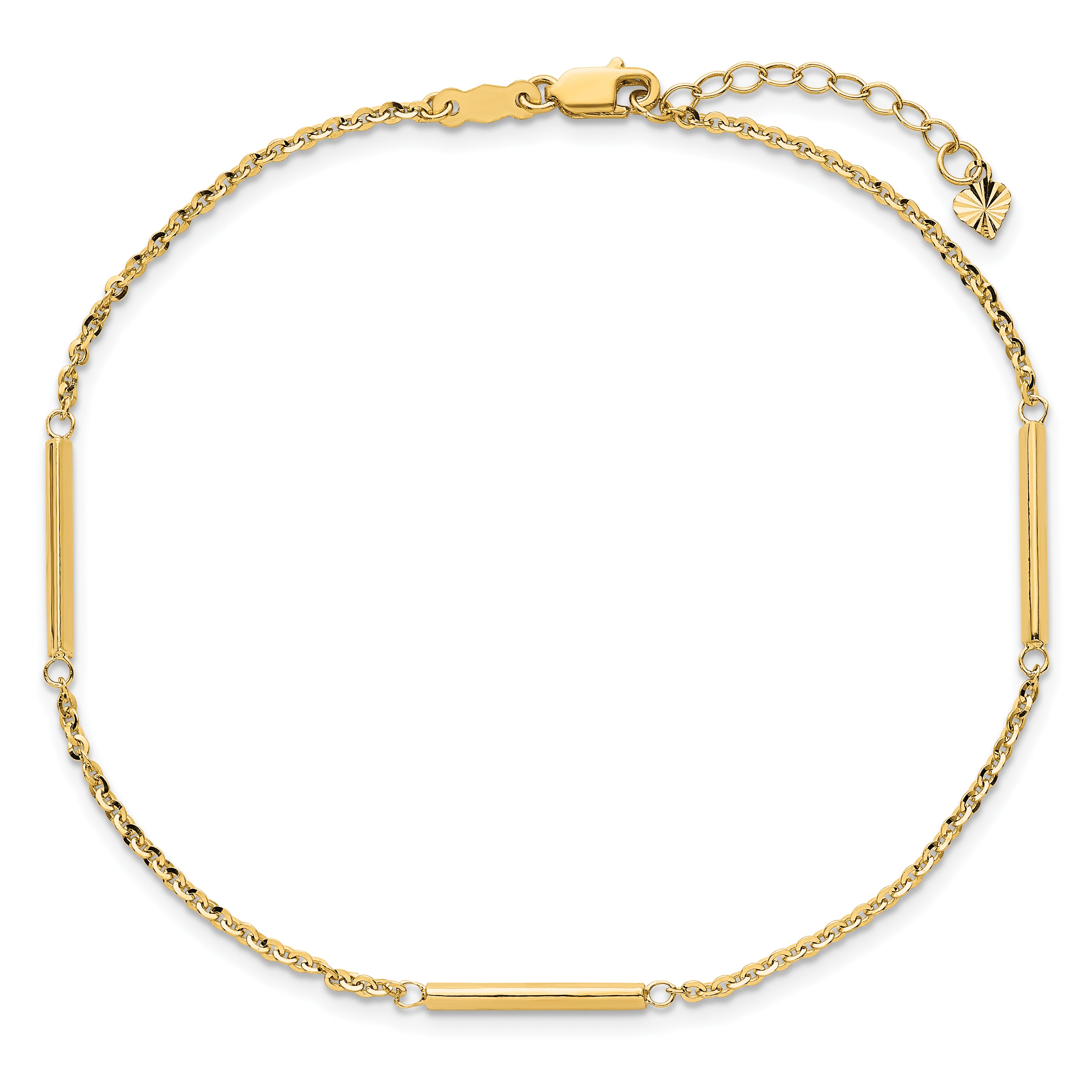 14k Cable Chain and Bar 3-Station 9 inch Plus 1 inch Extender - Total 10 inch Anklet - Sophia Jewelers