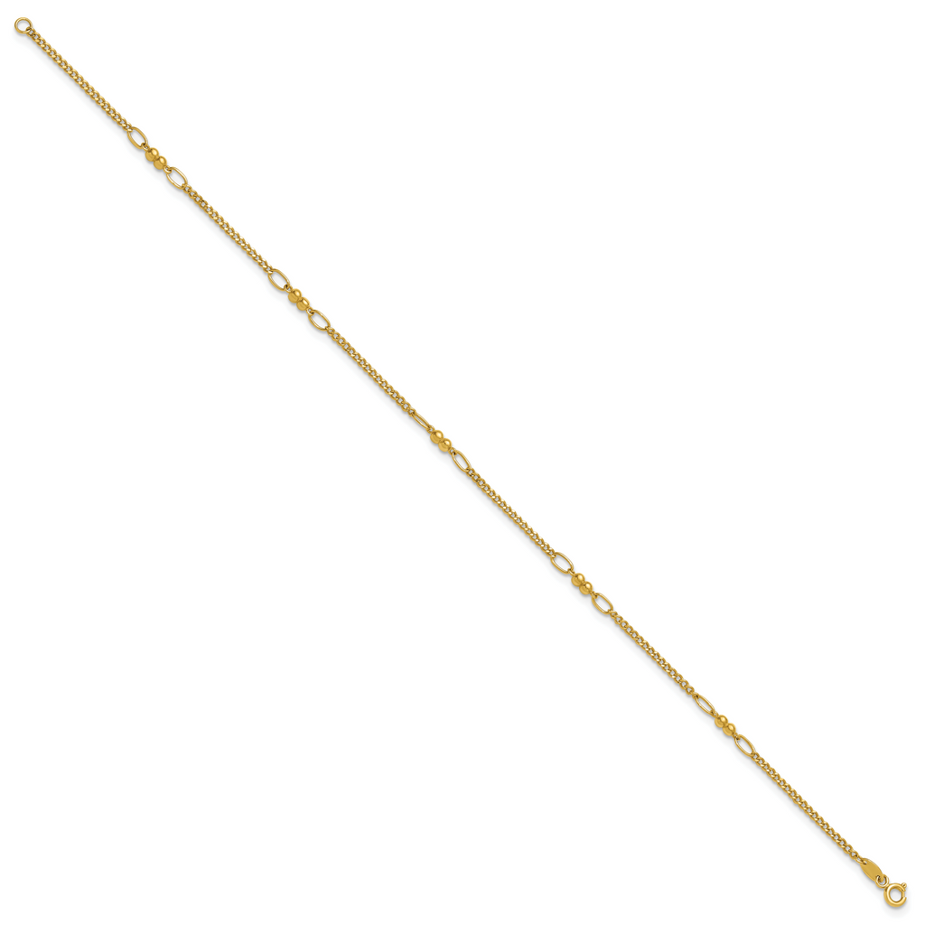 14K Polished and Diamond-cut 5-Station Beaded Mixed Link 10 inch Anklet - Sophia Jewelers