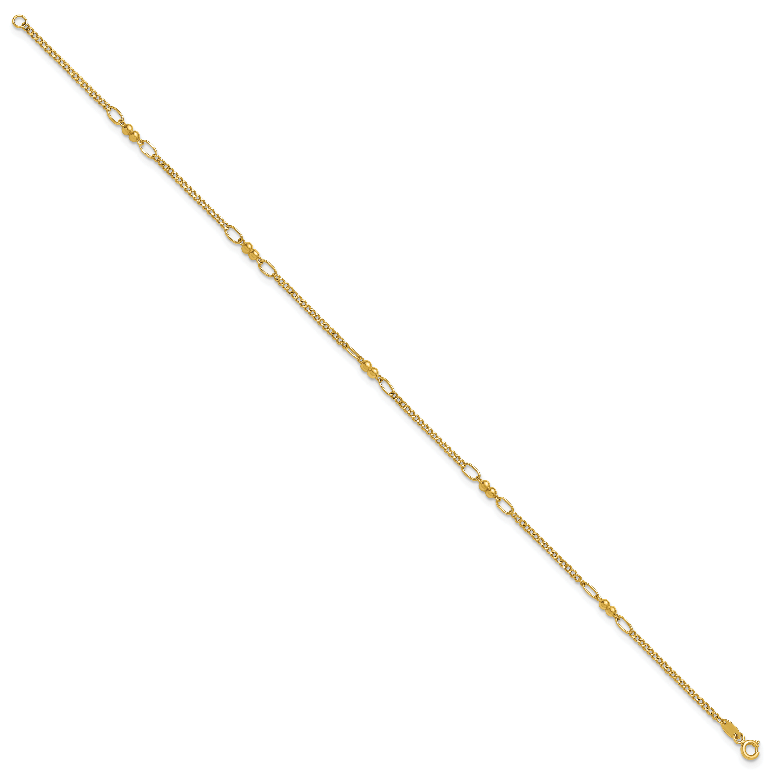 14K Polished and Diamond-cut 5-Station Beaded Mixed Link 10 inch Anklet - Sophia Jewelers