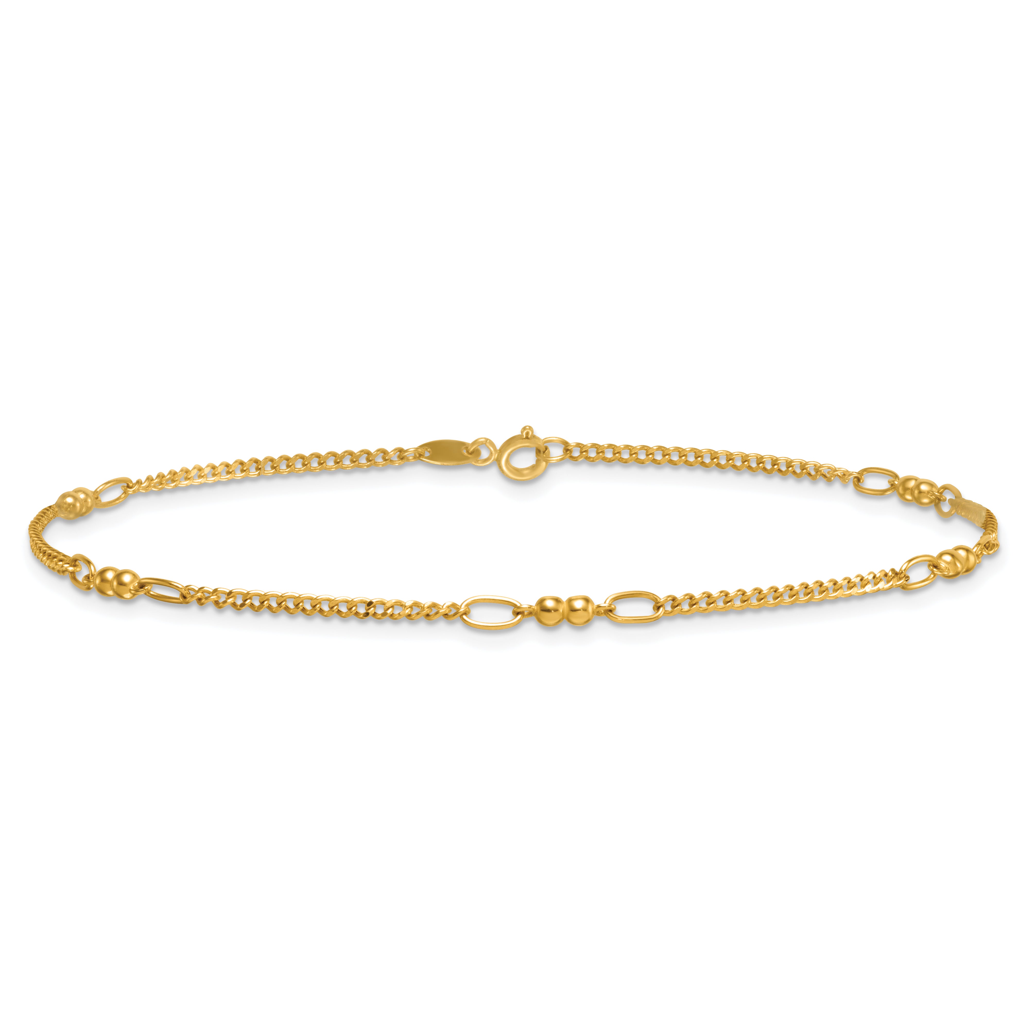 14K Polished and Diamond-cut 5-Station Beaded Mixed Link 10 inch Anklet Secondary image