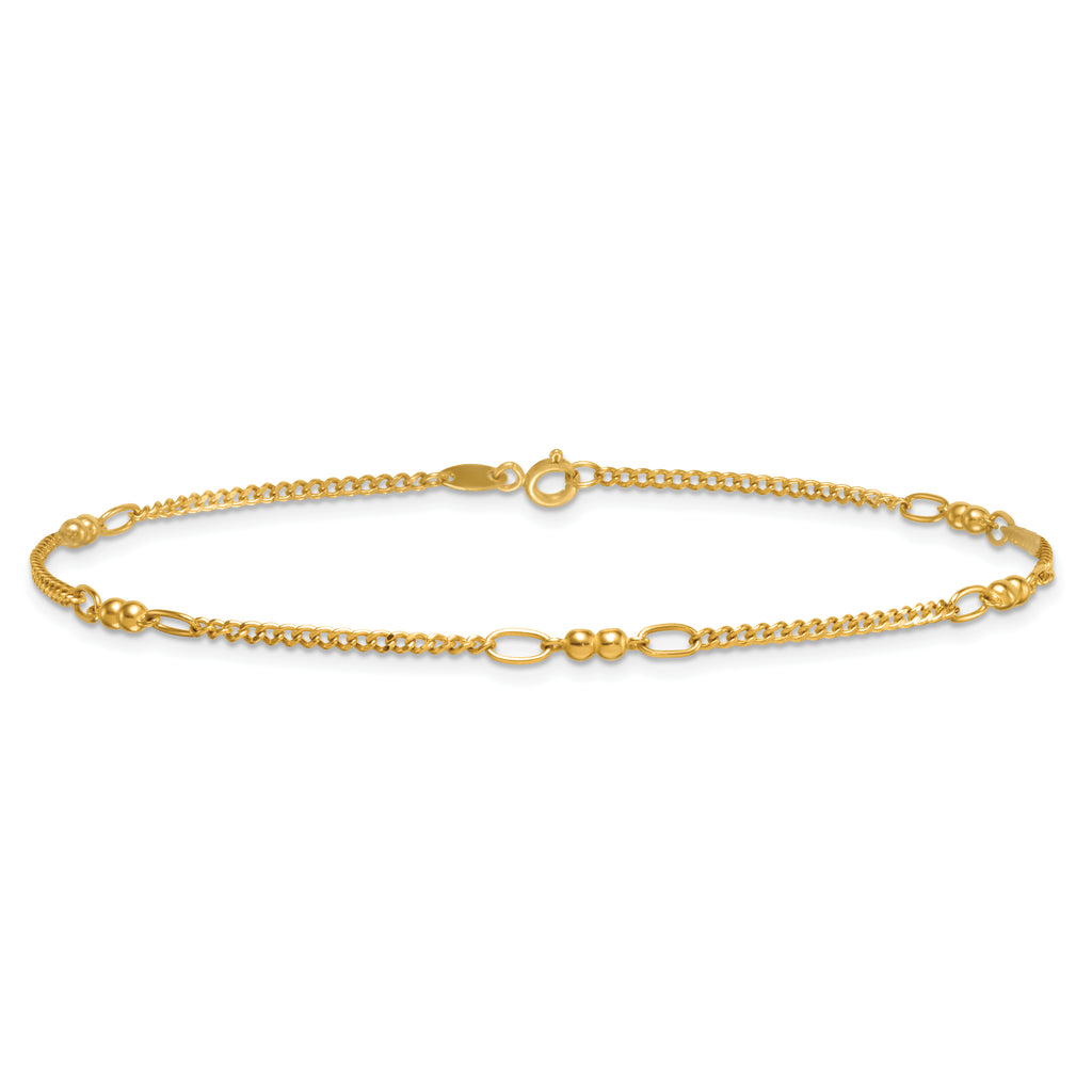 14K Polished and Diamond-cut 5-Station Beaded Mixed Link 10 inch Anklet - Sophia Jewelers