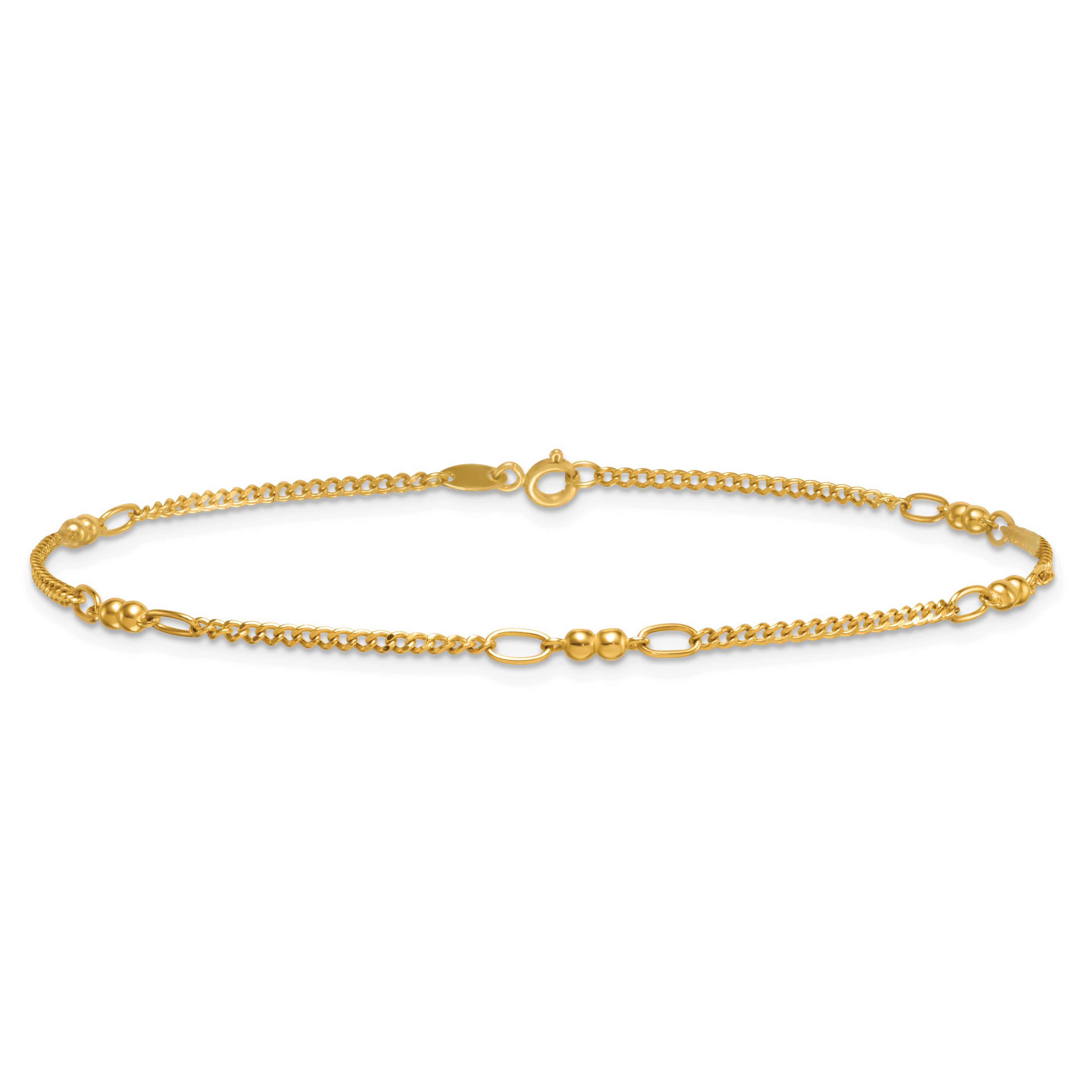 14K Polished and Diamond-cut 5-Station Beaded Mixed Link 10 inch Anklet - Sophia Jewelers