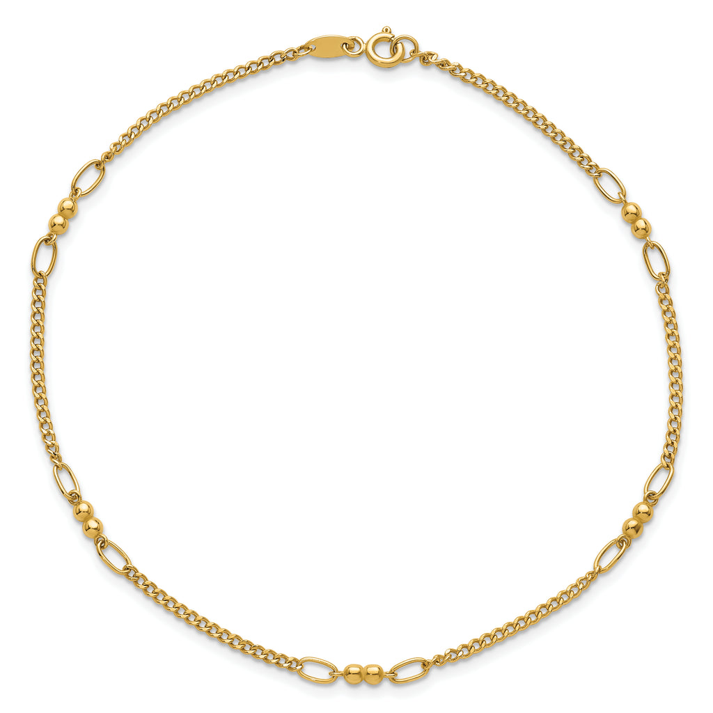 14K Polished and Diamond-cut 5-Station Beaded Mixed Link 10 inch Anklet - Sophia Jewelers