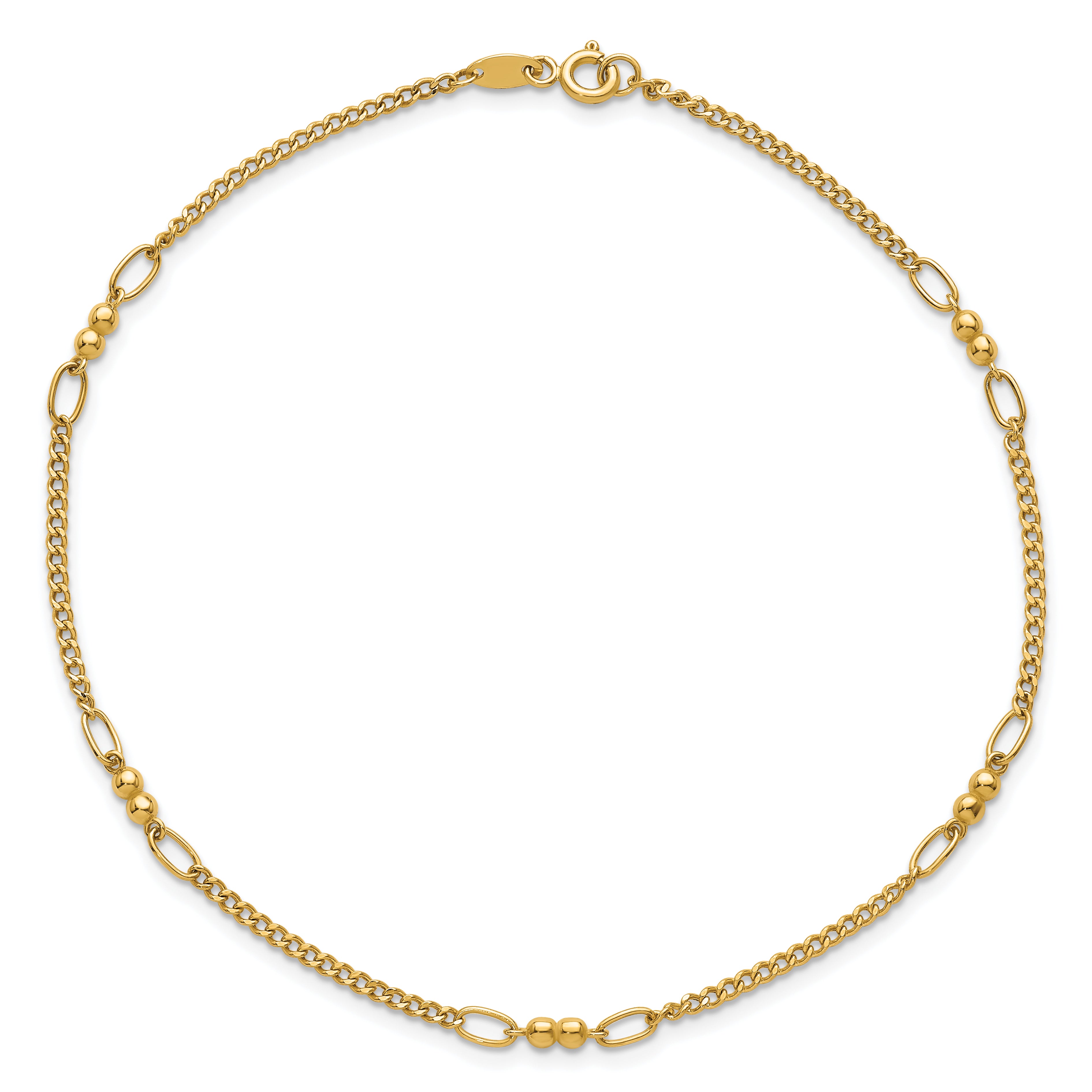 14K Polished and Diamond-cut 5-Station Beaded Mixed Link 10 inch Anklet - Sophia Jewelers