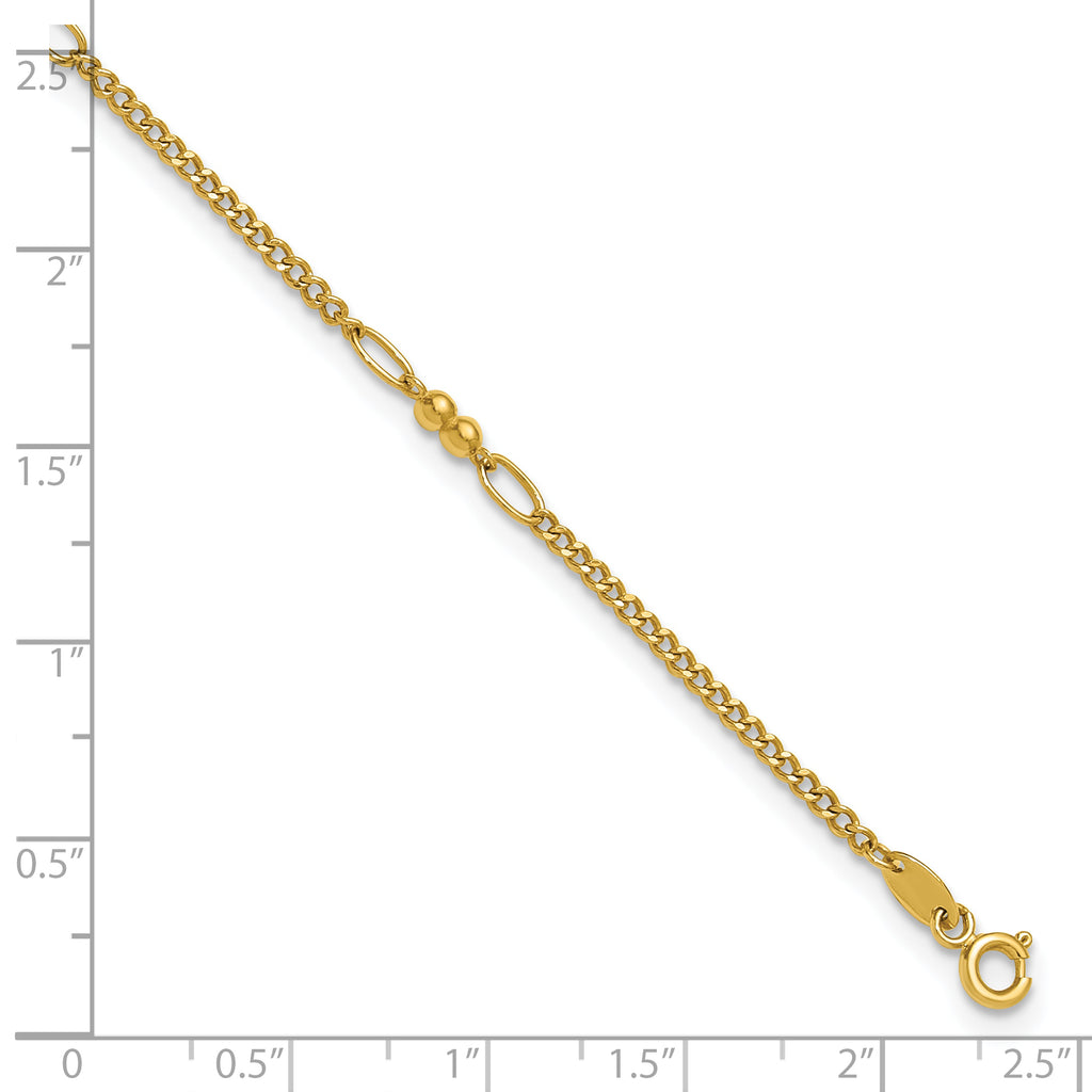 14K Polished and Diamond-cut 5-Station Beaded Mixed Link 10 inch Anklet - Sophia Jewelers