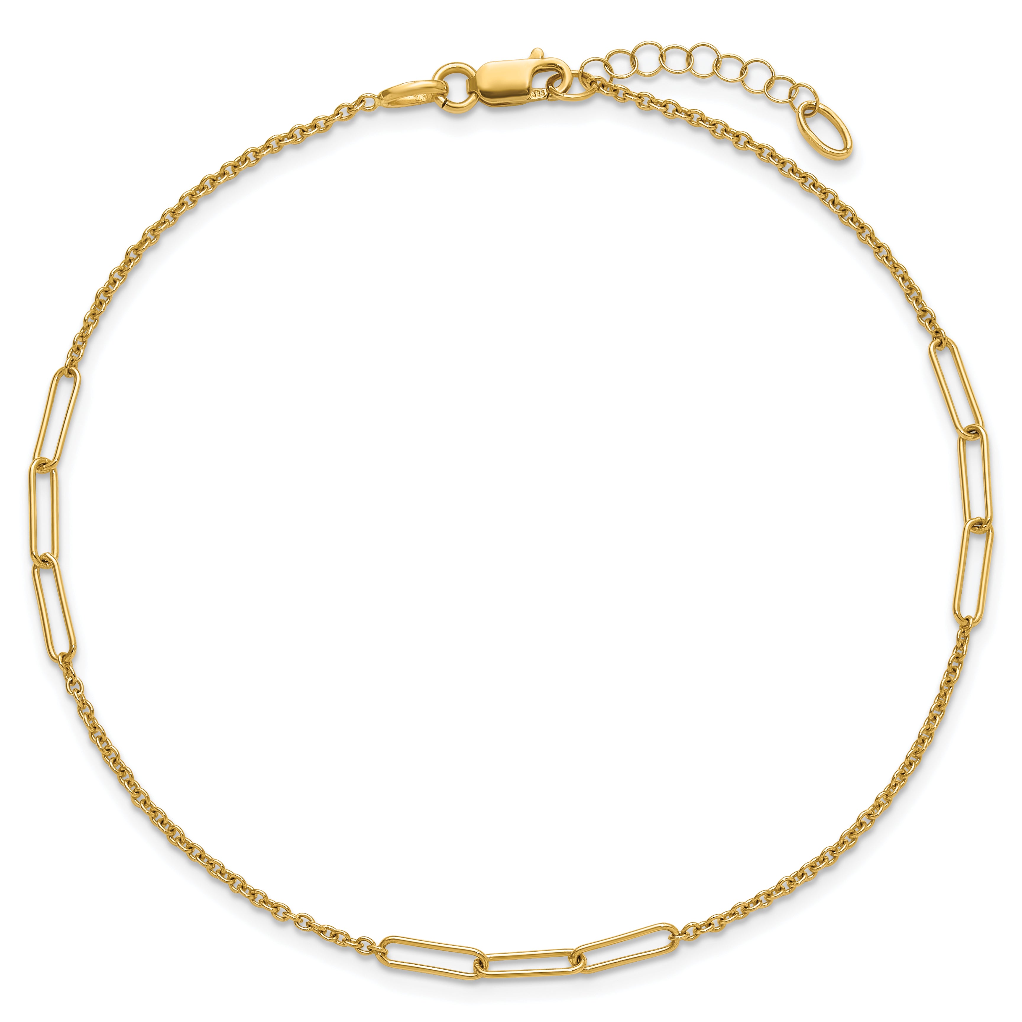 14k Polished Paper Clip and Cable Link 9 inch Plus 1 inch Extender - Total 10 inch Anklet - Sophia Jewelers